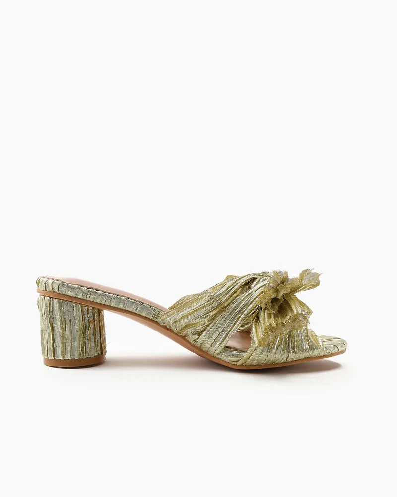 (Clean Up) Pleated Bow Open Toe Chunky Block Heel Sandals