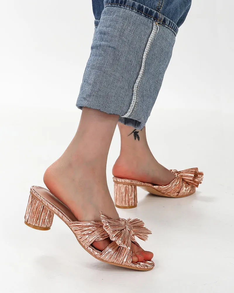 (Clean Up) Pleated Bow Open Toe Chunky Block Heel Sandals