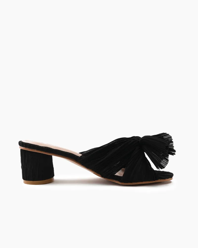 (Clean Up) Pleated Bow Open Toe Chunky Block Heel Sandals