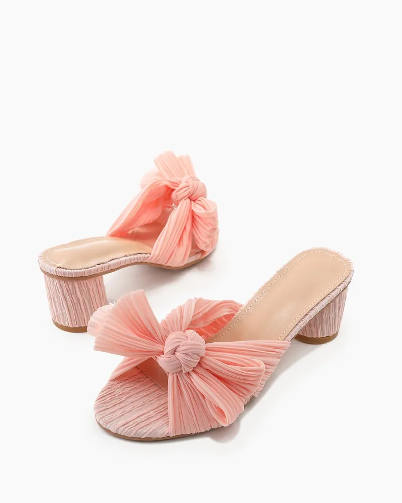 (Clean Up) Pleated Bow Open Toe Chunky Block Heel Sandals