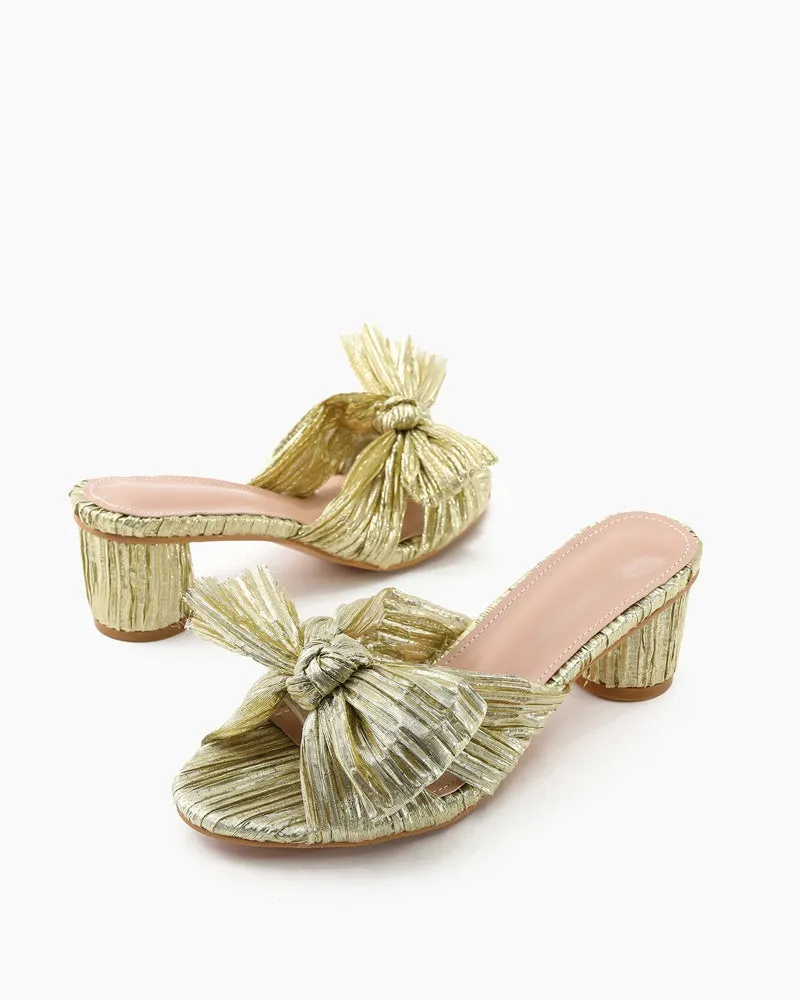 (Clean Up) Pleated Bow Open Toe Chunky Block Heel Sandals