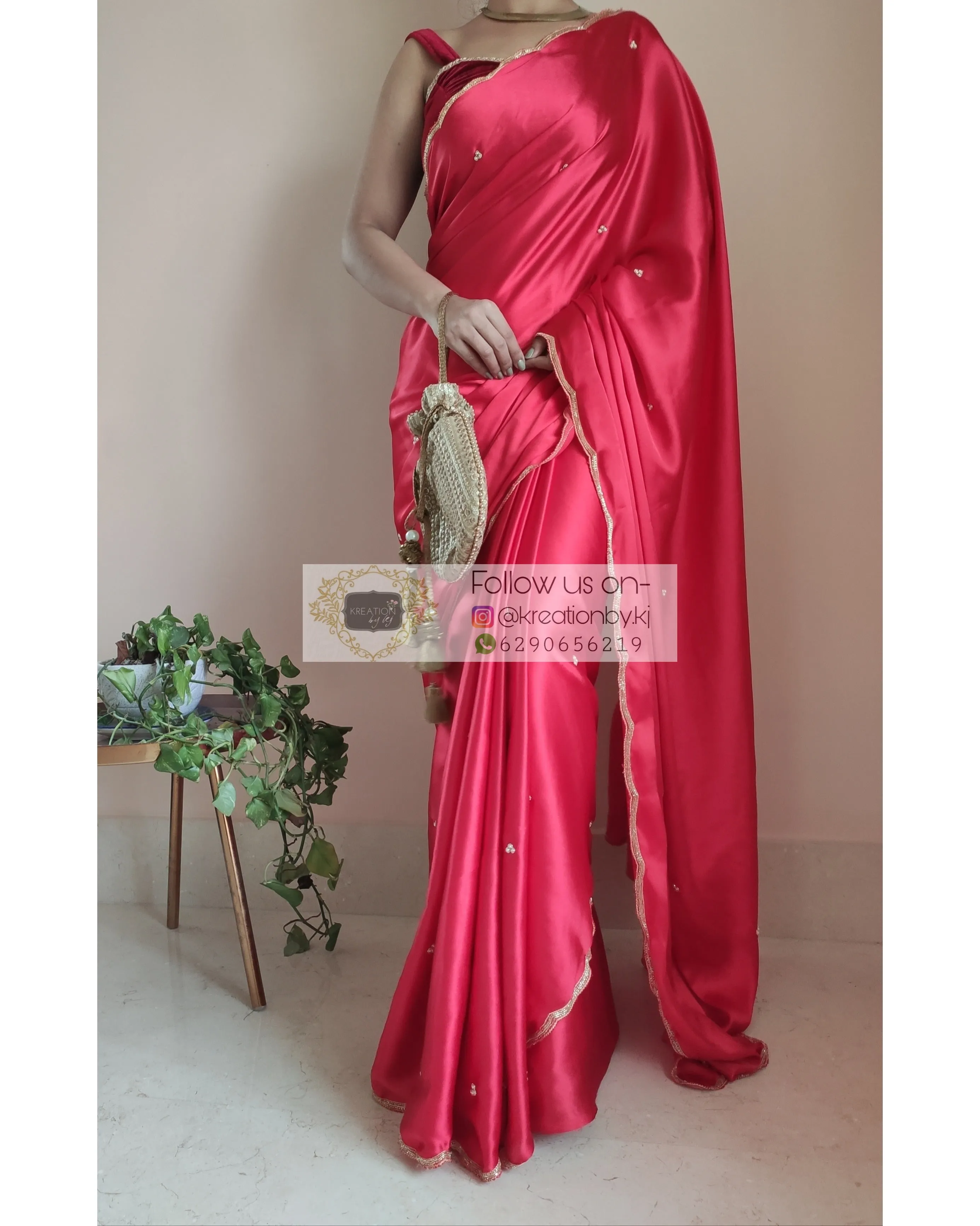 Crimson Red Satin Silk Saree With Handembroidered Scalloping