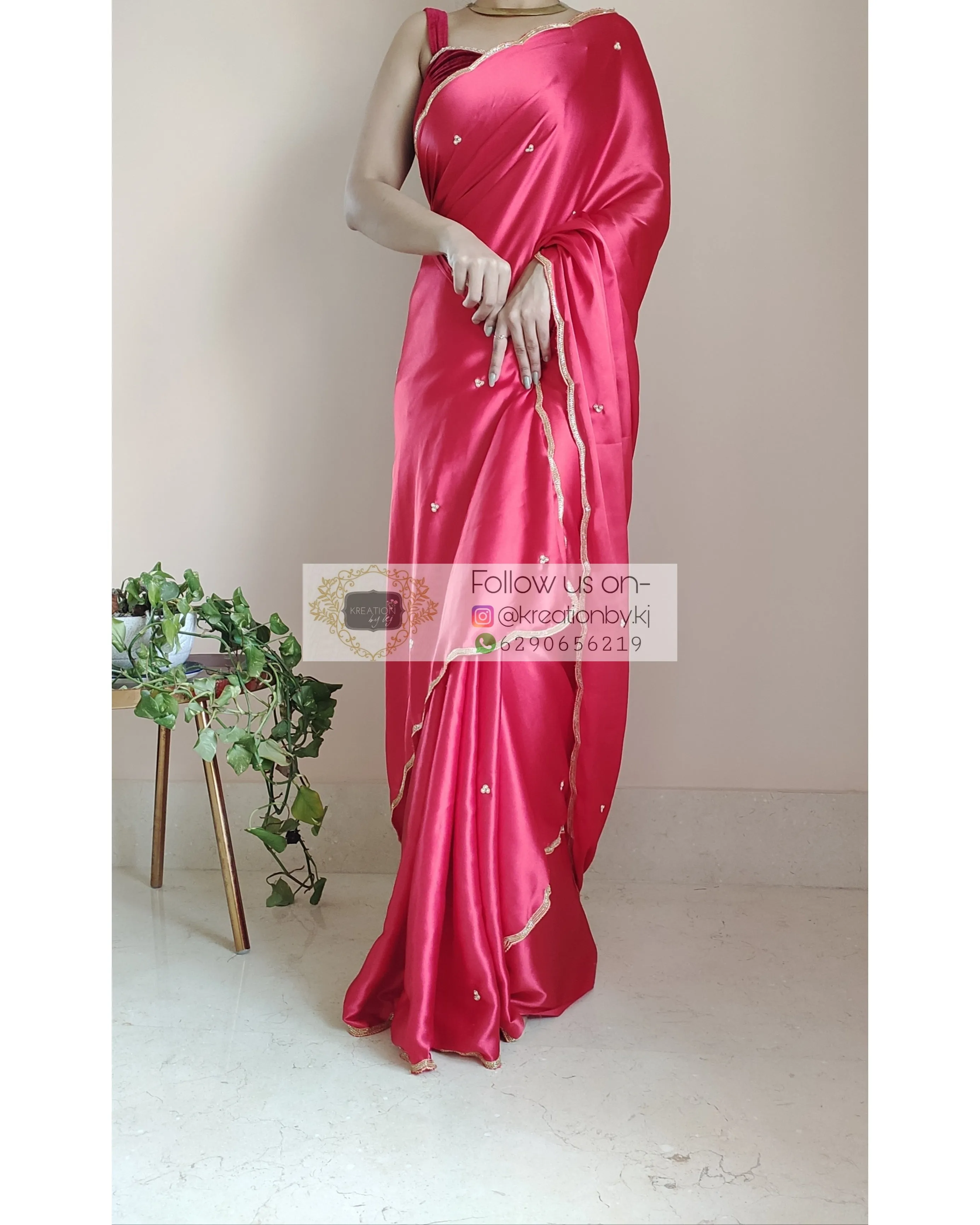 Crimson Red Satin Silk Saree With Handembroidered Scalloping