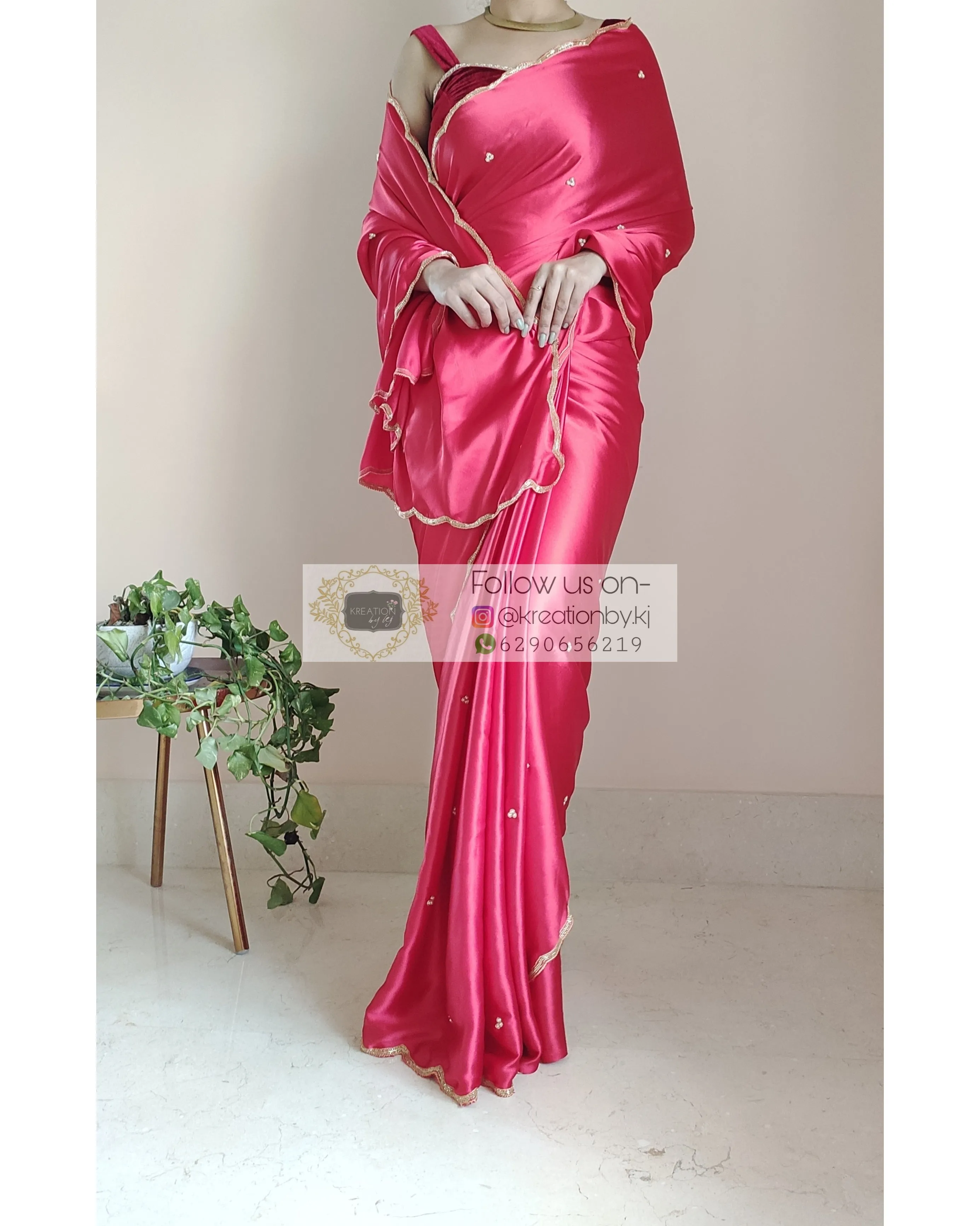 Crimson Red Satin Silk Saree With Handembroidered Scalloping