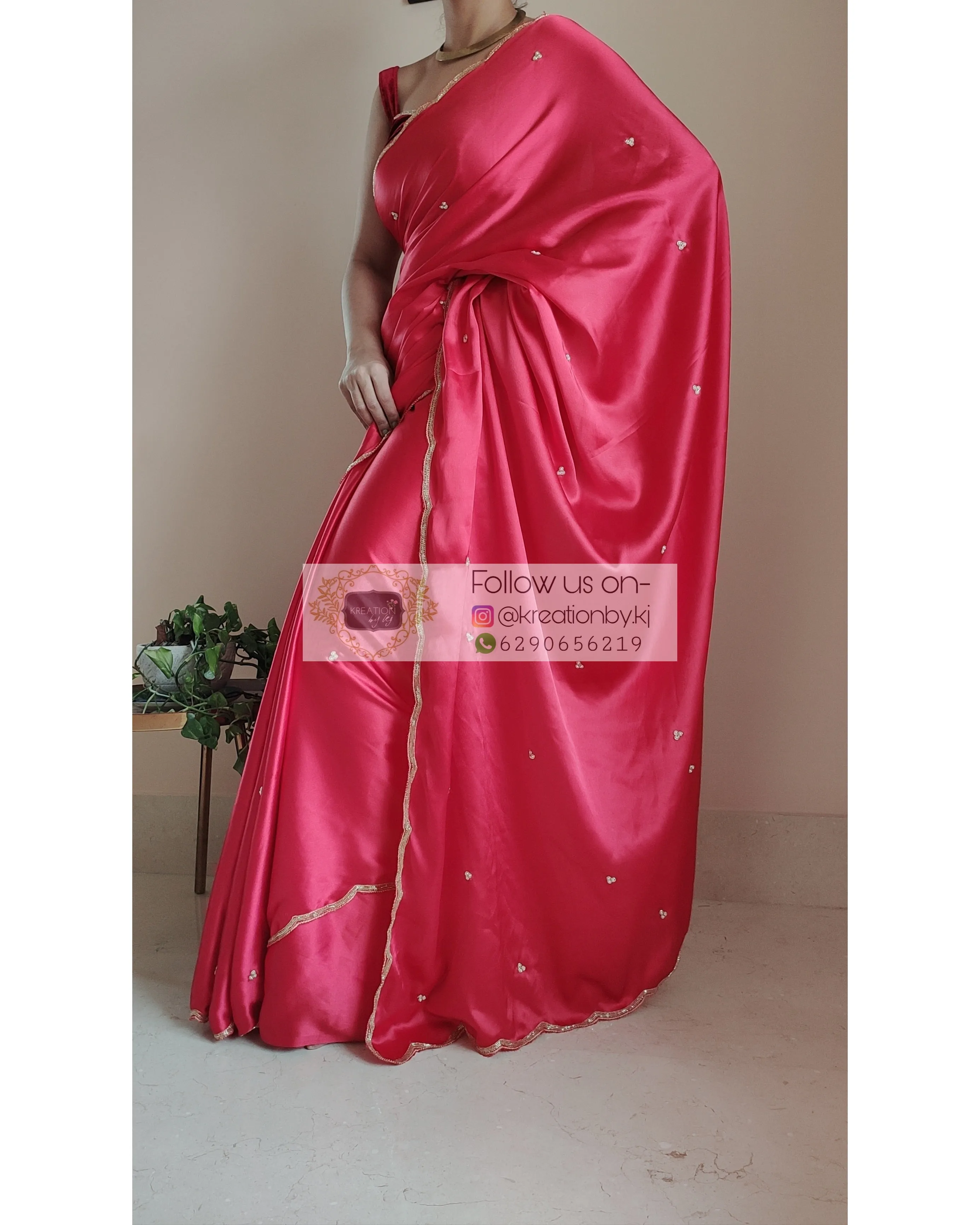 Crimson Red Satin Silk Saree With Handembroidered Scalloping