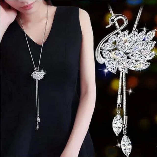 Crystalline Swan Sweater Necklace