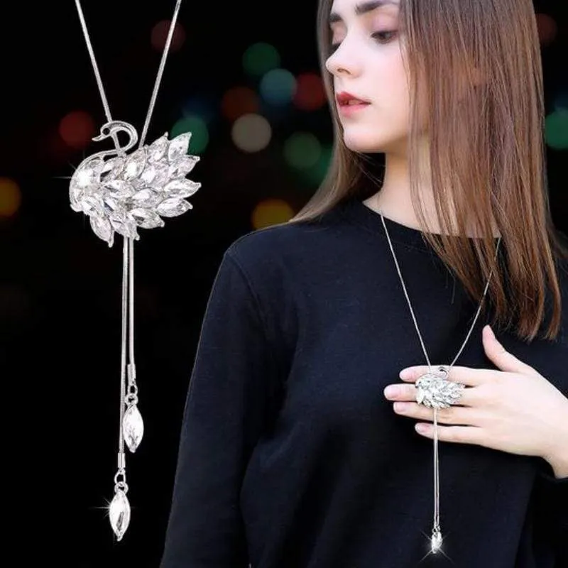 Crystalline Swan Sweater Necklace