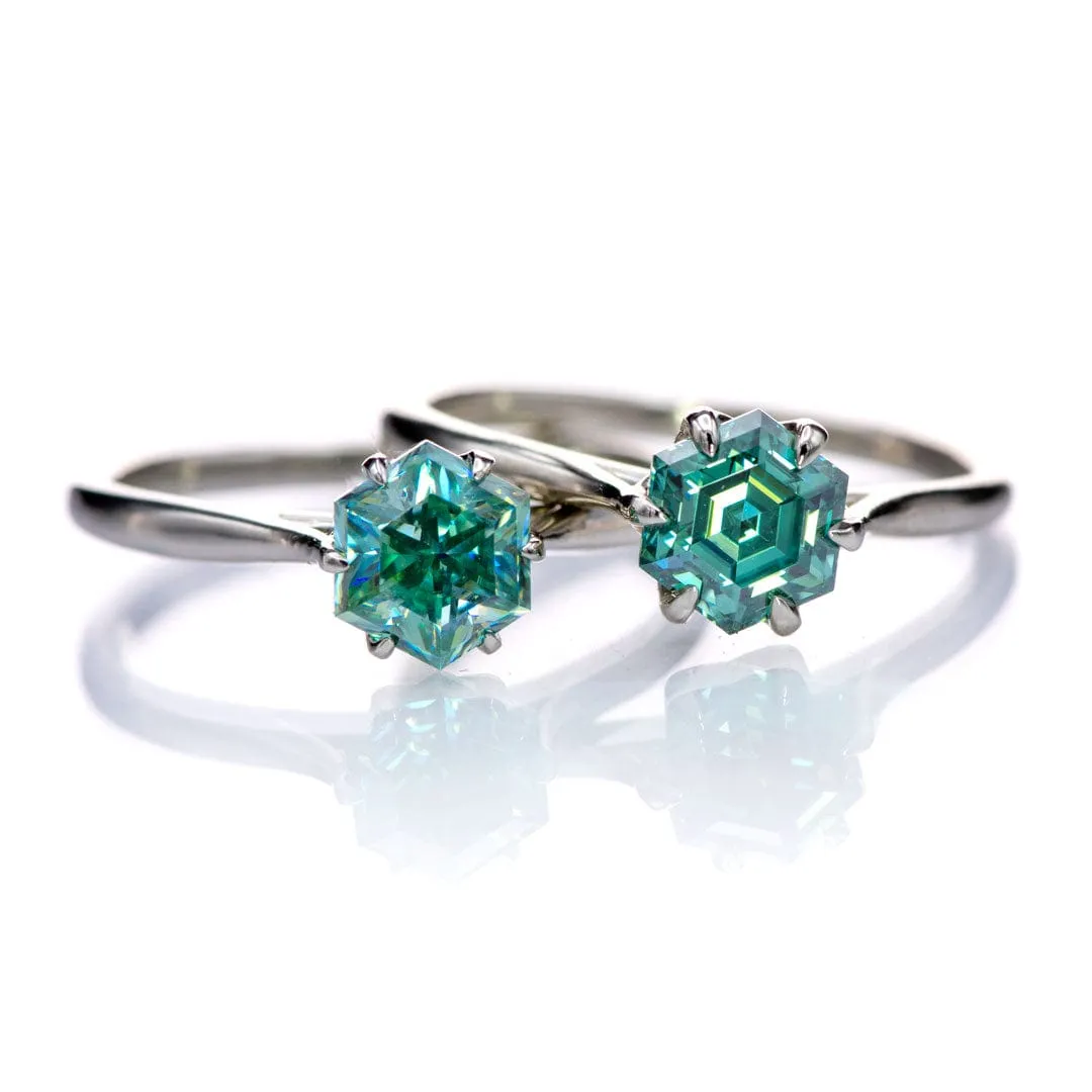 Dahlia Solitaire - Hexagon Brilliant Cut Teal Blue Moissanite 6-Prong 10k White Gold Engagement Ring