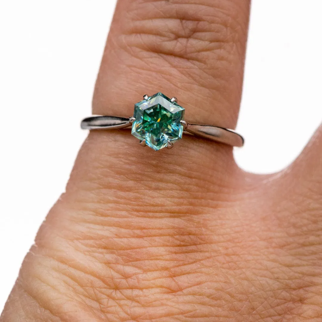 Dahlia Solitaire - Hexagon Brilliant Cut Teal Blue Moissanite 6-Prong 10k White Gold Engagement Ring