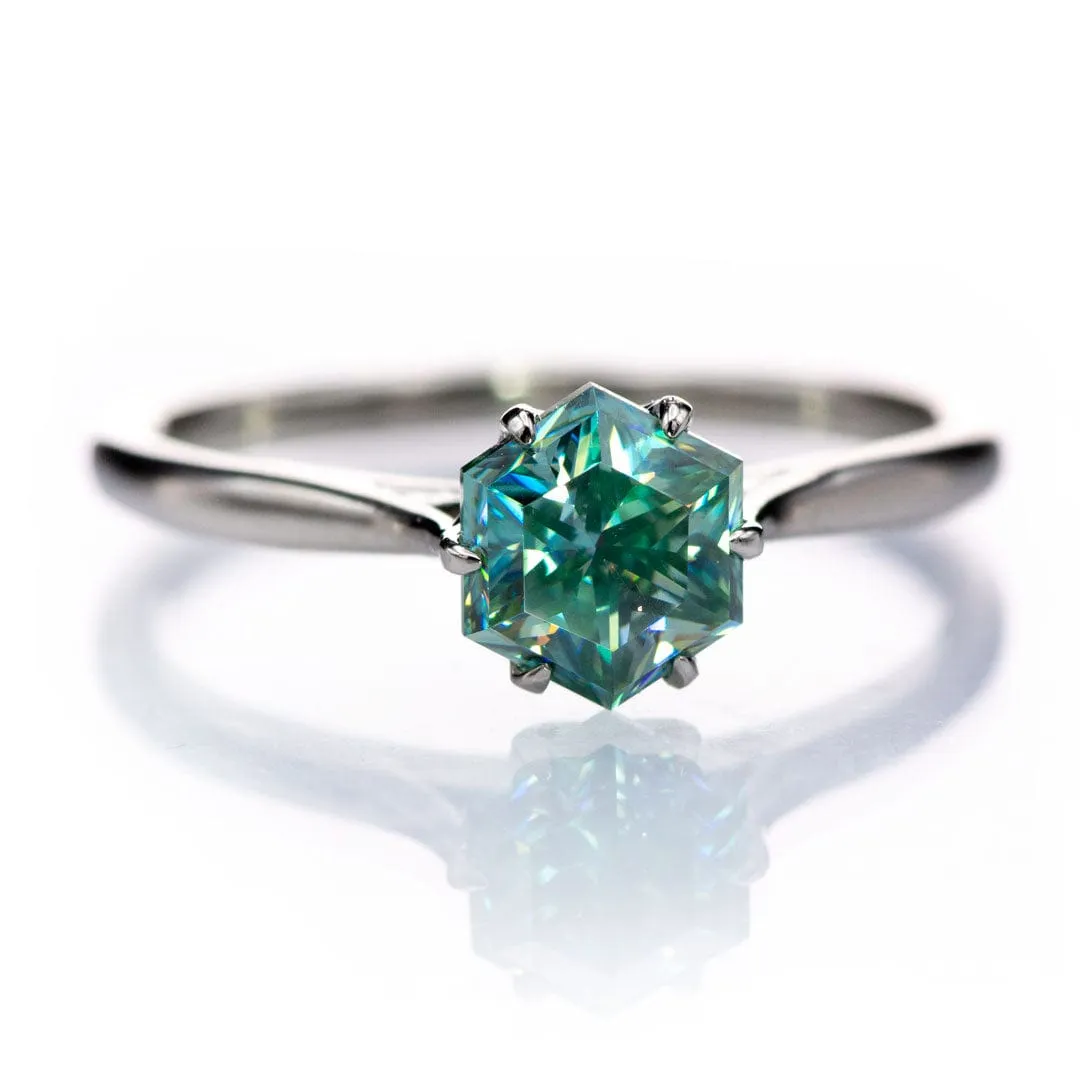 Dahlia Solitaire - Hexagon Brilliant Cut Teal Blue Moissanite 6-Prong 10k White Gold Engagement Ring