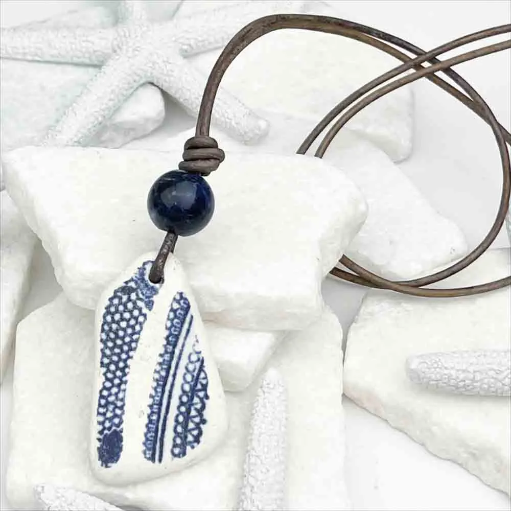 Dark Blue and White Sea Shard and Stormy Blue Sodalite Leather Necklace | #5083