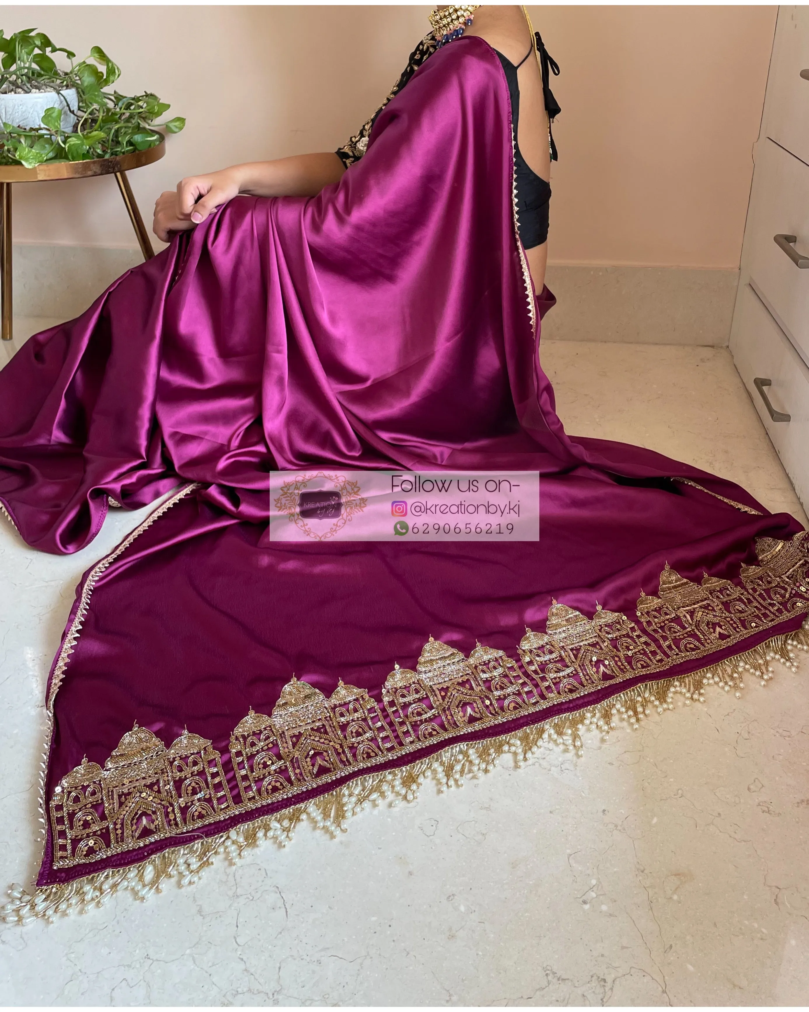 Dark Purple Satin Silk Taj Mahal Saree