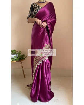 Dark Purple Satin Silk Taj Mahal Saree