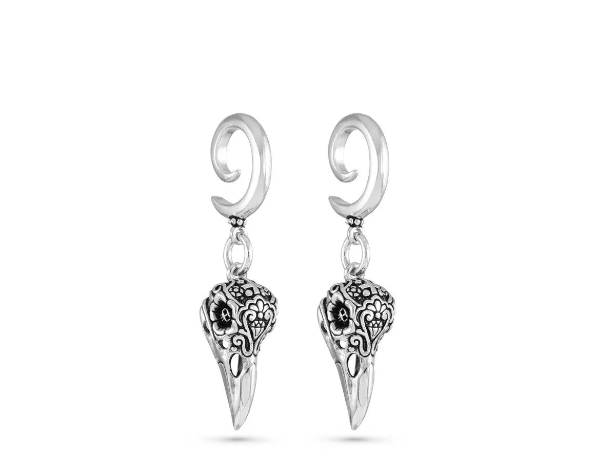 Day of the Dead Raven Skull Gauged Spiral Earrings - Silver