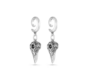 Day of the Dead Raven Skull Gauged Spiral Earrings - Silver