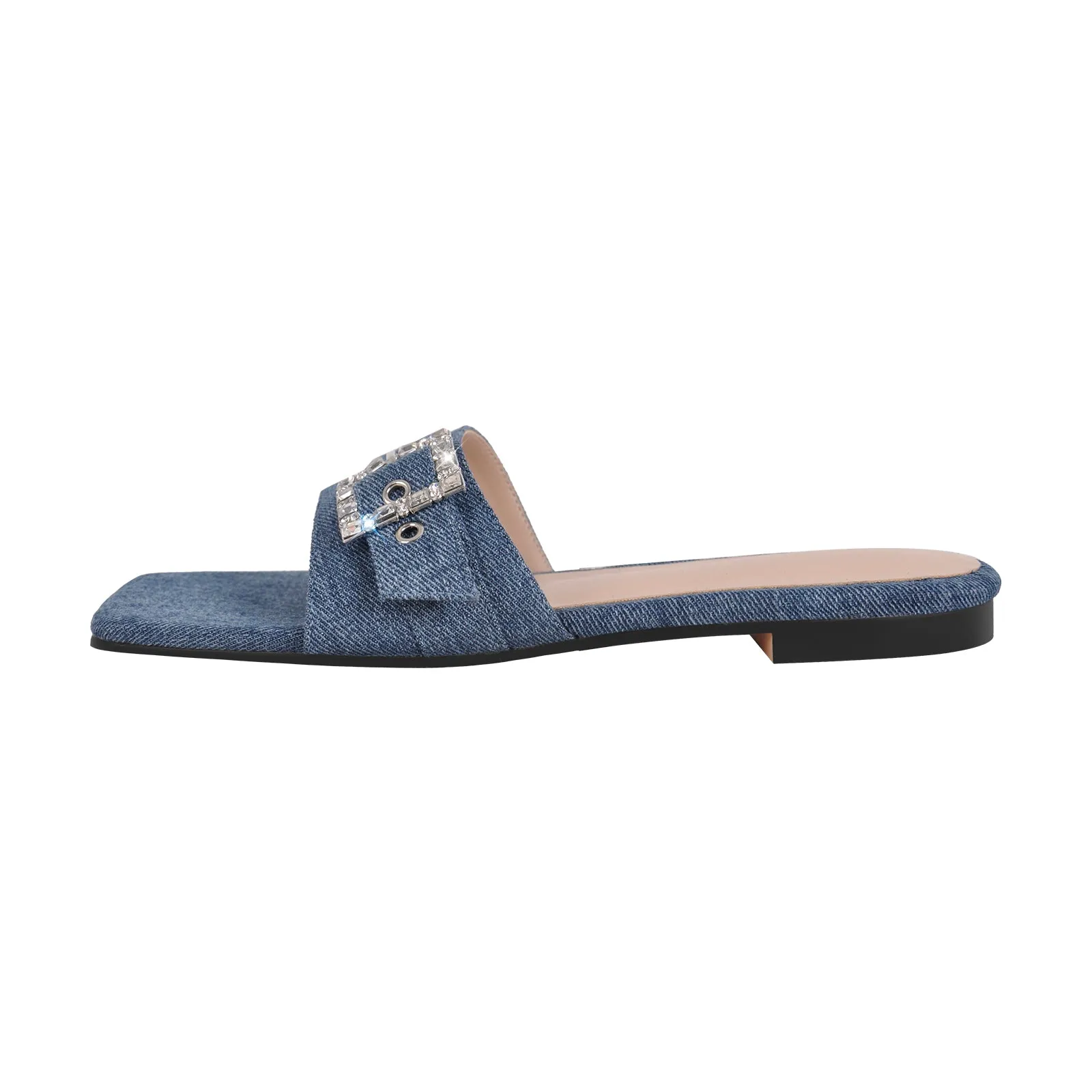 Denim Square Toe Buckle Strap Flats