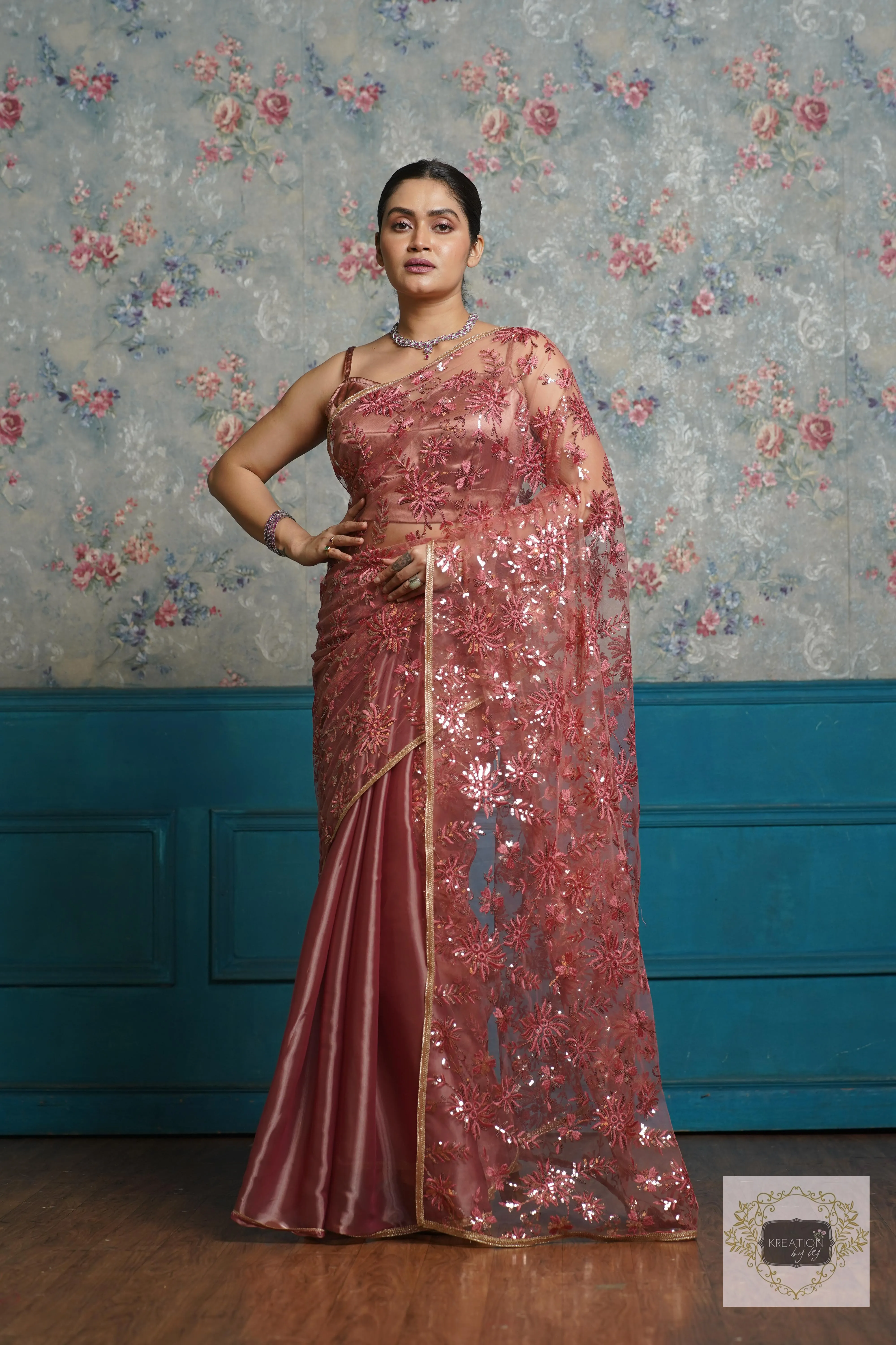 Dusty Rose Morning Glory Organza Half saree