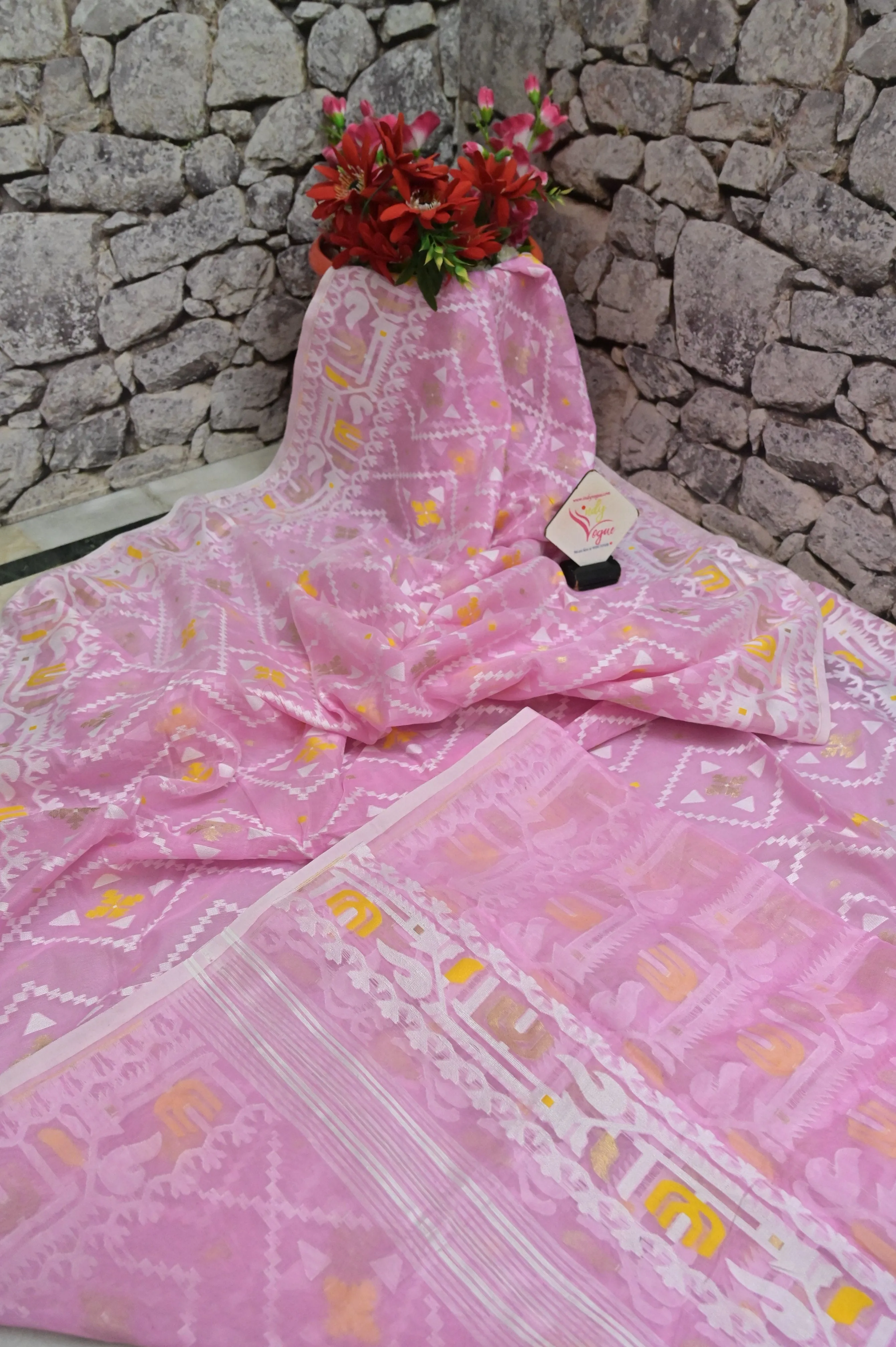 English Pink Color Jamdani Saree with Allover Weaving