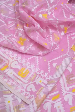 English Pink Color Jamdani Saree with Allover Weaving