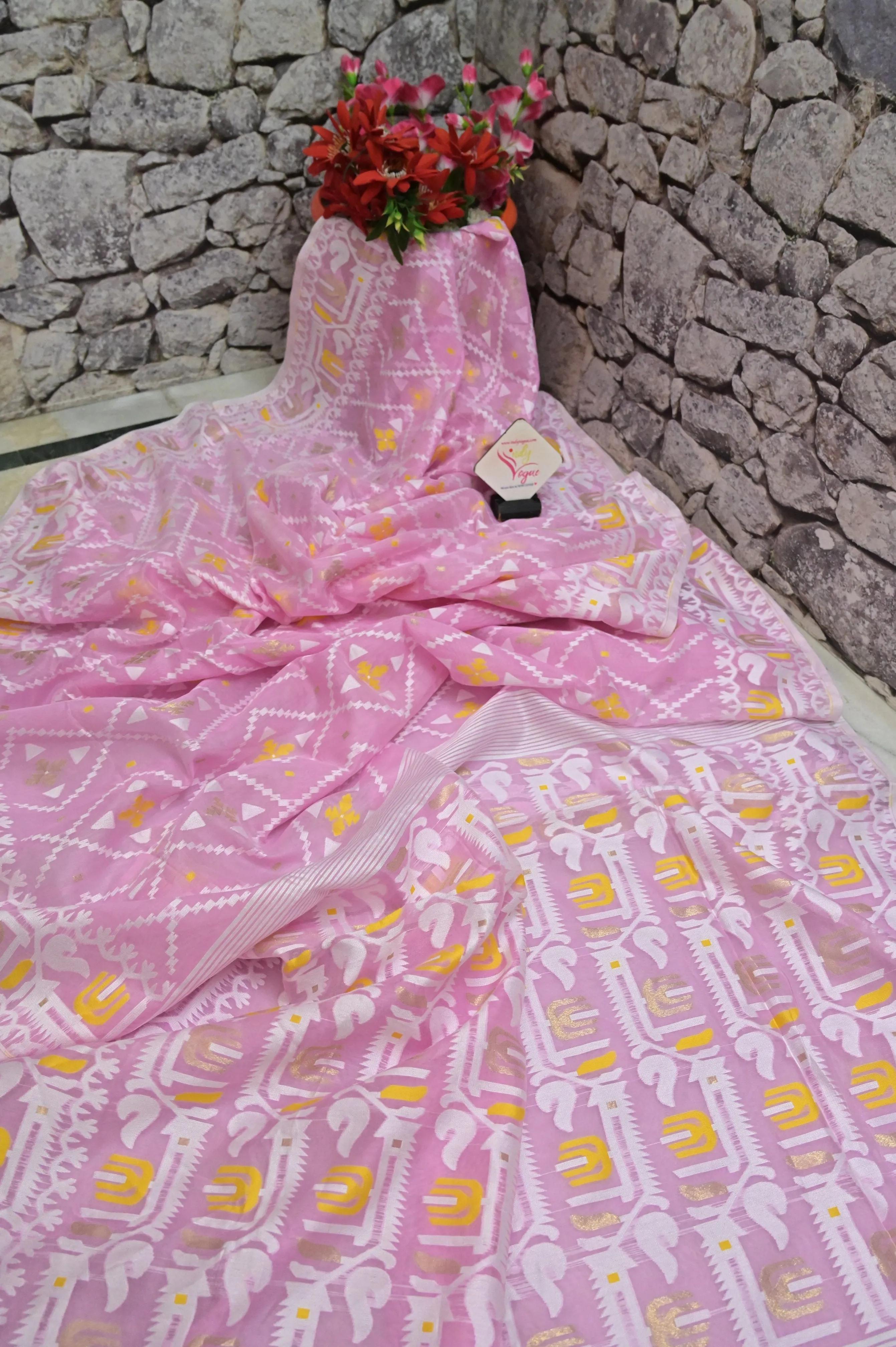 English Pink Color Jamdani Saree with Allover Weaving