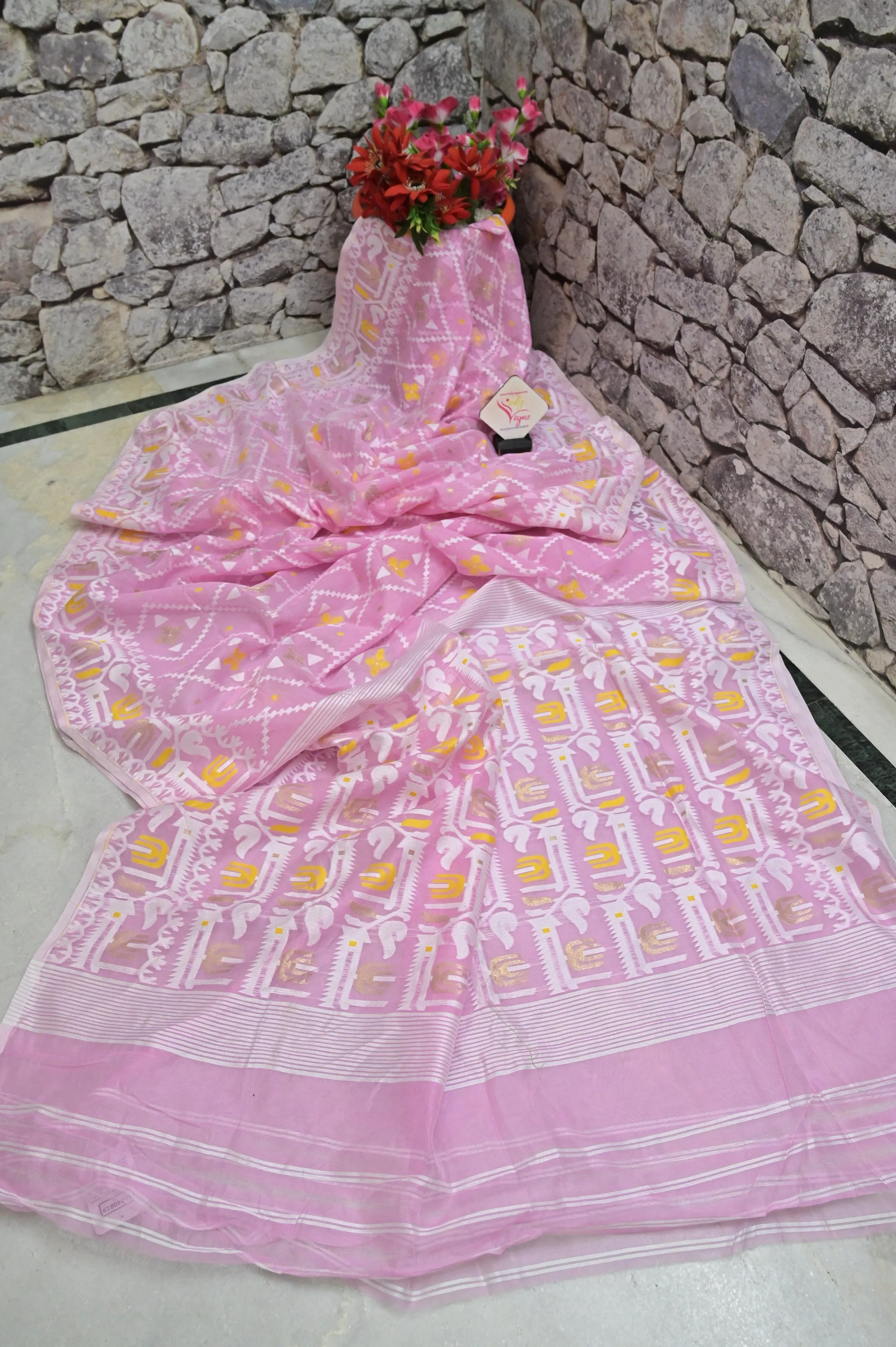 English Pink Color Jamdani Saree with Allover Weaving