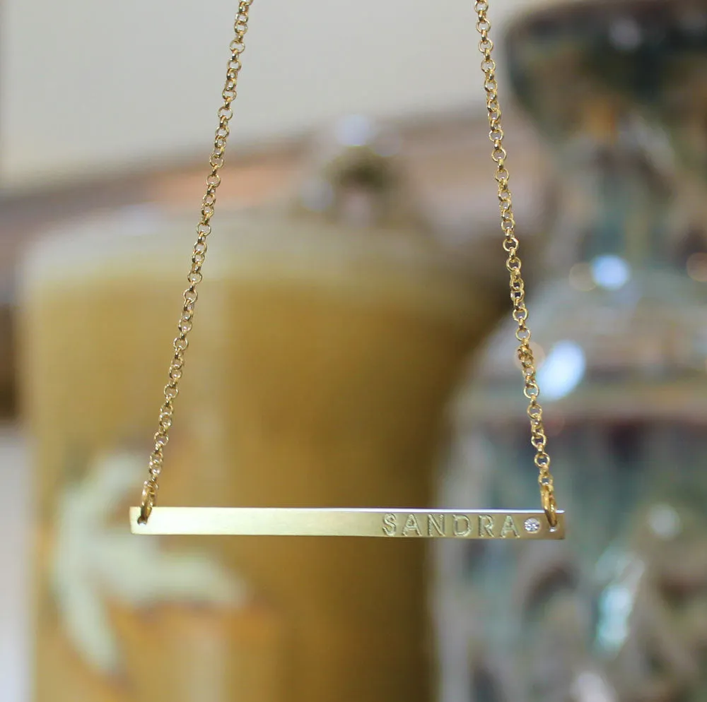 Engraved Long and Lean Horizontal Bar Necklace with Birthstone