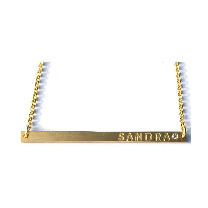 Engraved Long and Lean Horizontal Bar Necklace with Birthstone