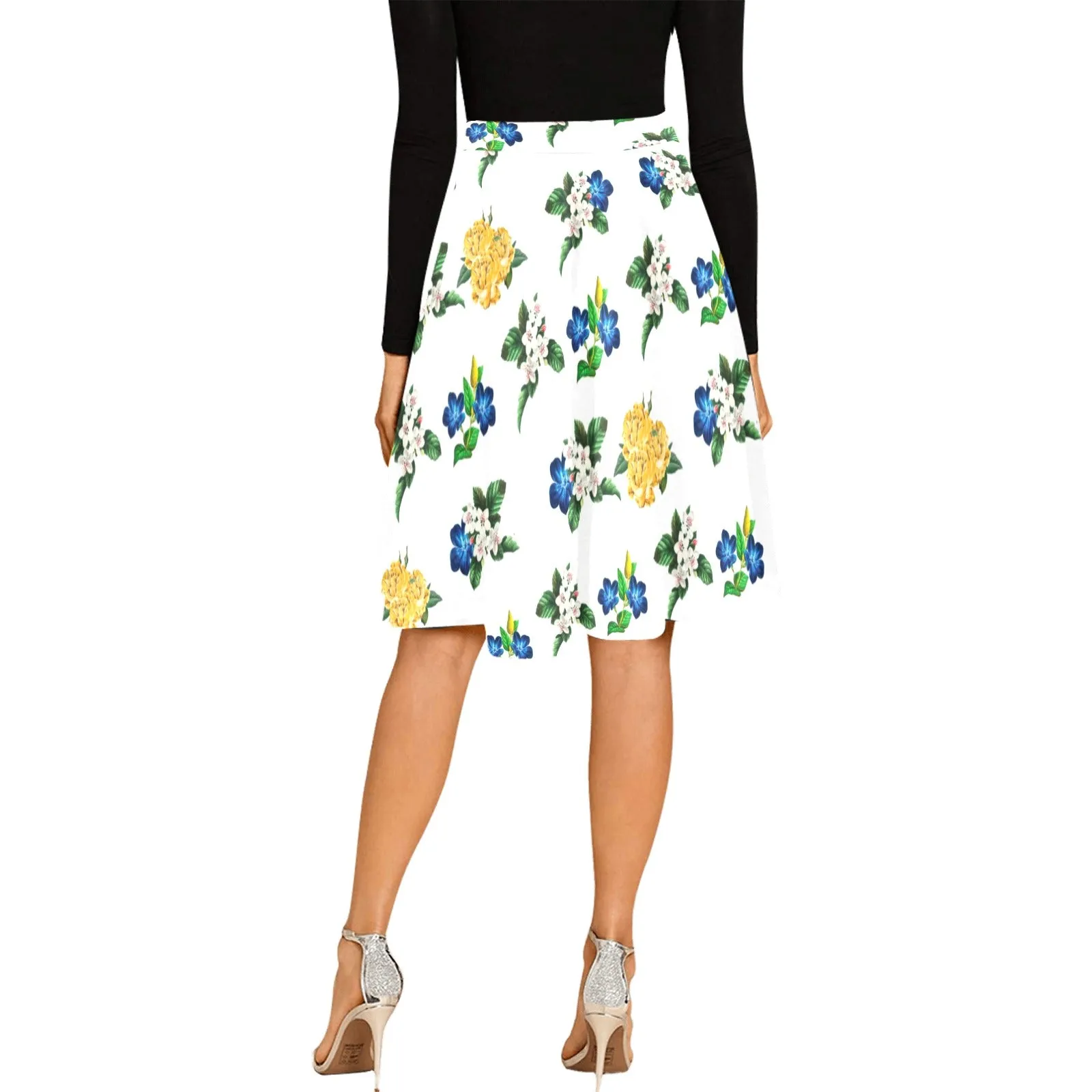 FILTER PRINT GOLD BLUE WHITE FLORAL Melete Pleated Midi Skirt (Model D15)