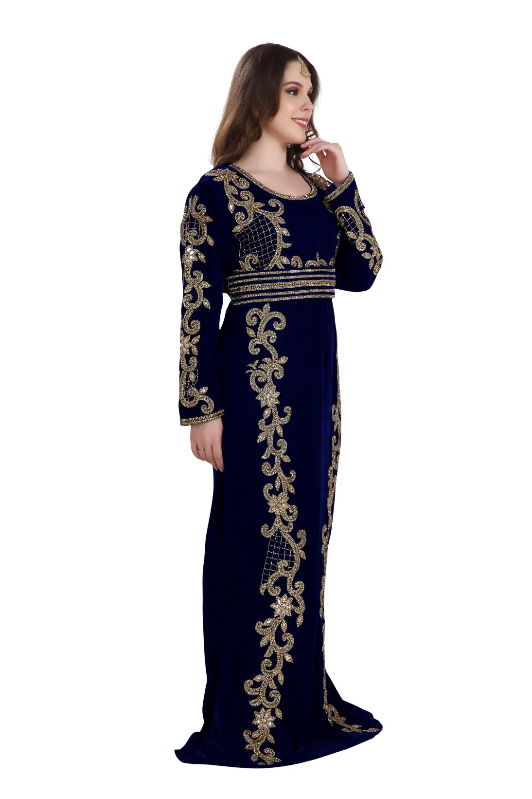 Fishcut Gown Navy Blue Velvet Crystal Moroccan Kaftan