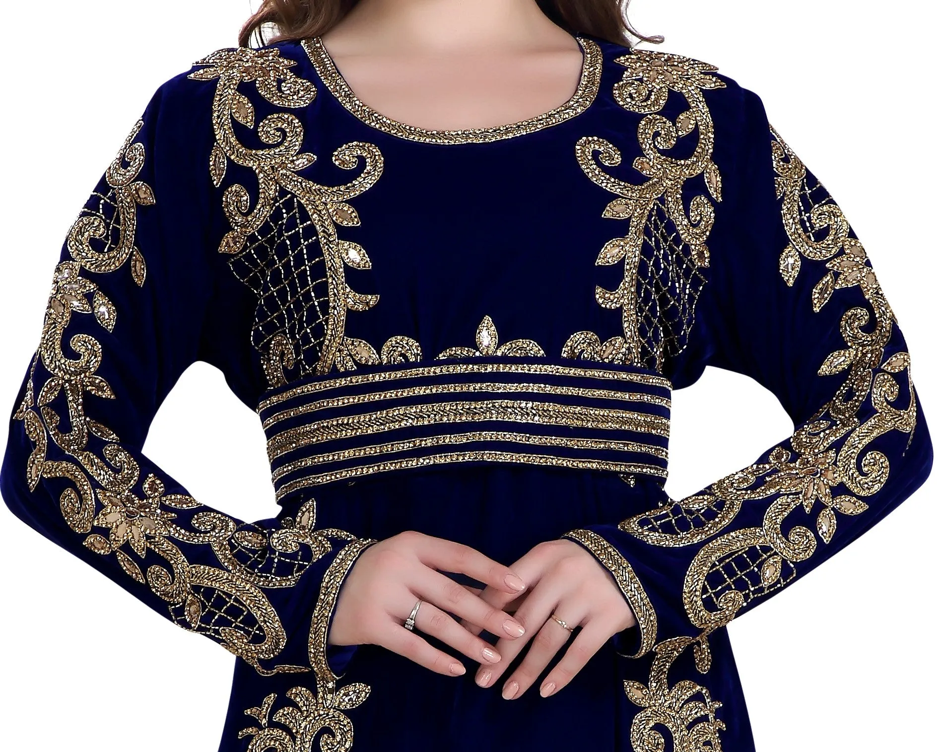 Fishcut Gown Navy Blue Velvet Crystal Moroccan Kaftan