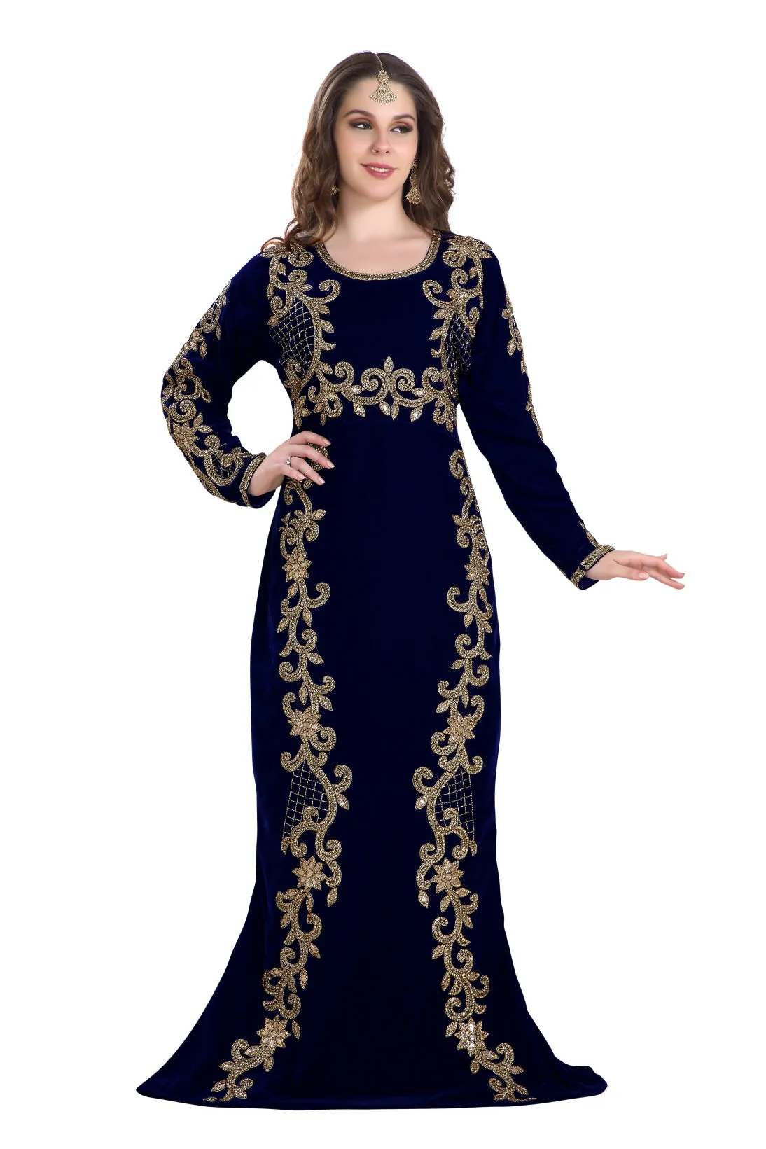 Fishcut Gown Navy Blue Velvet Crystal Moroccan Kaftan