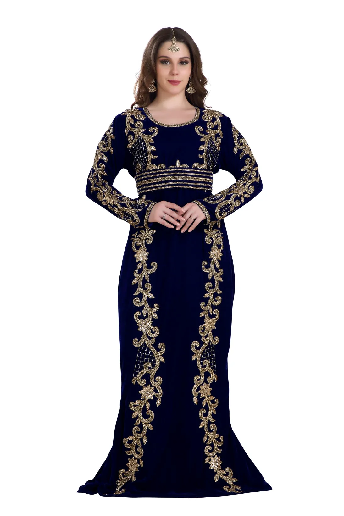 Fishcut Gown Navy Blue Velvet Crystal Moroccan Kaftan