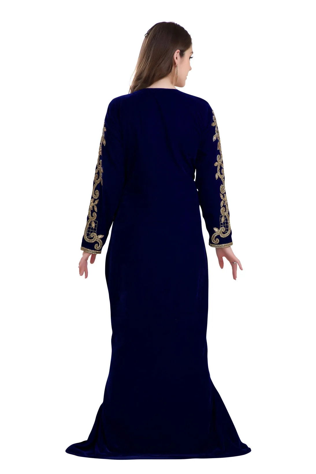 Fishcut Gown Navy Blue Velvet Crystal Moroccan Kaftan