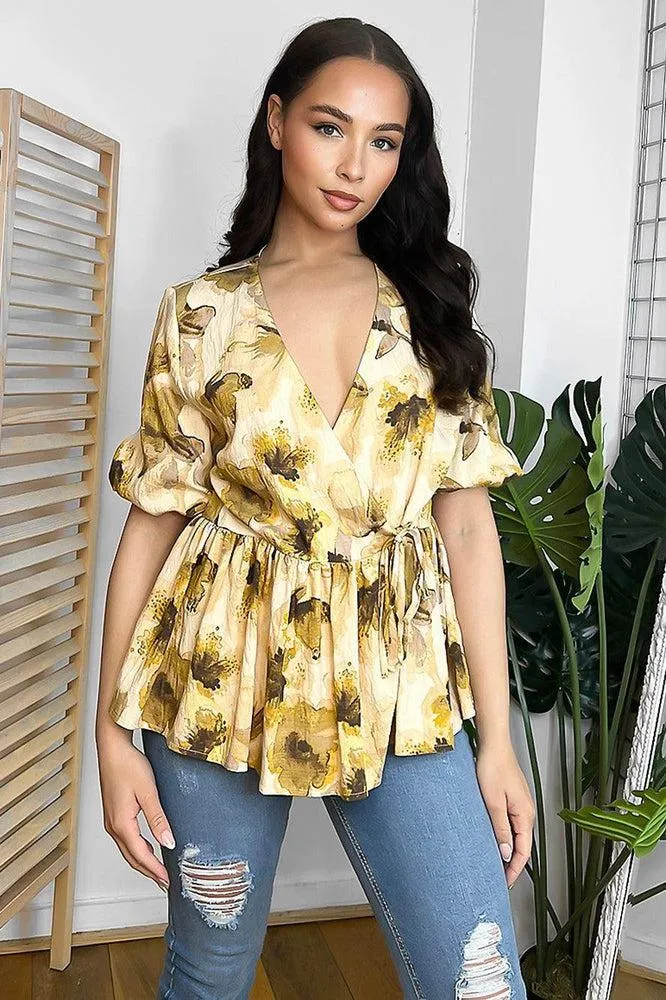 Floral Beige Print V-Neck Blouse