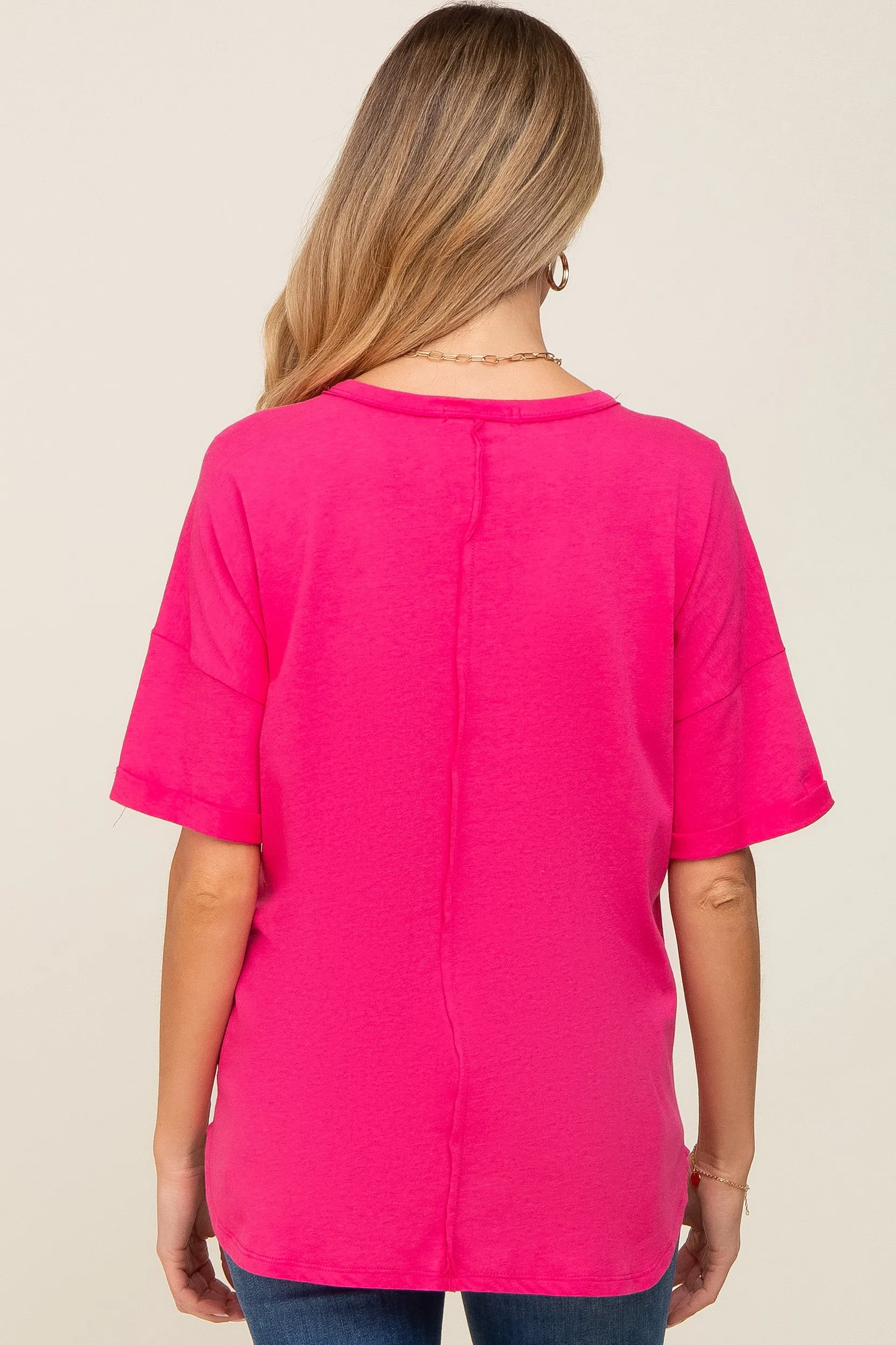 Fuchsia Oversized V-Neck Cuffed Short Sleeve Maternity Tee