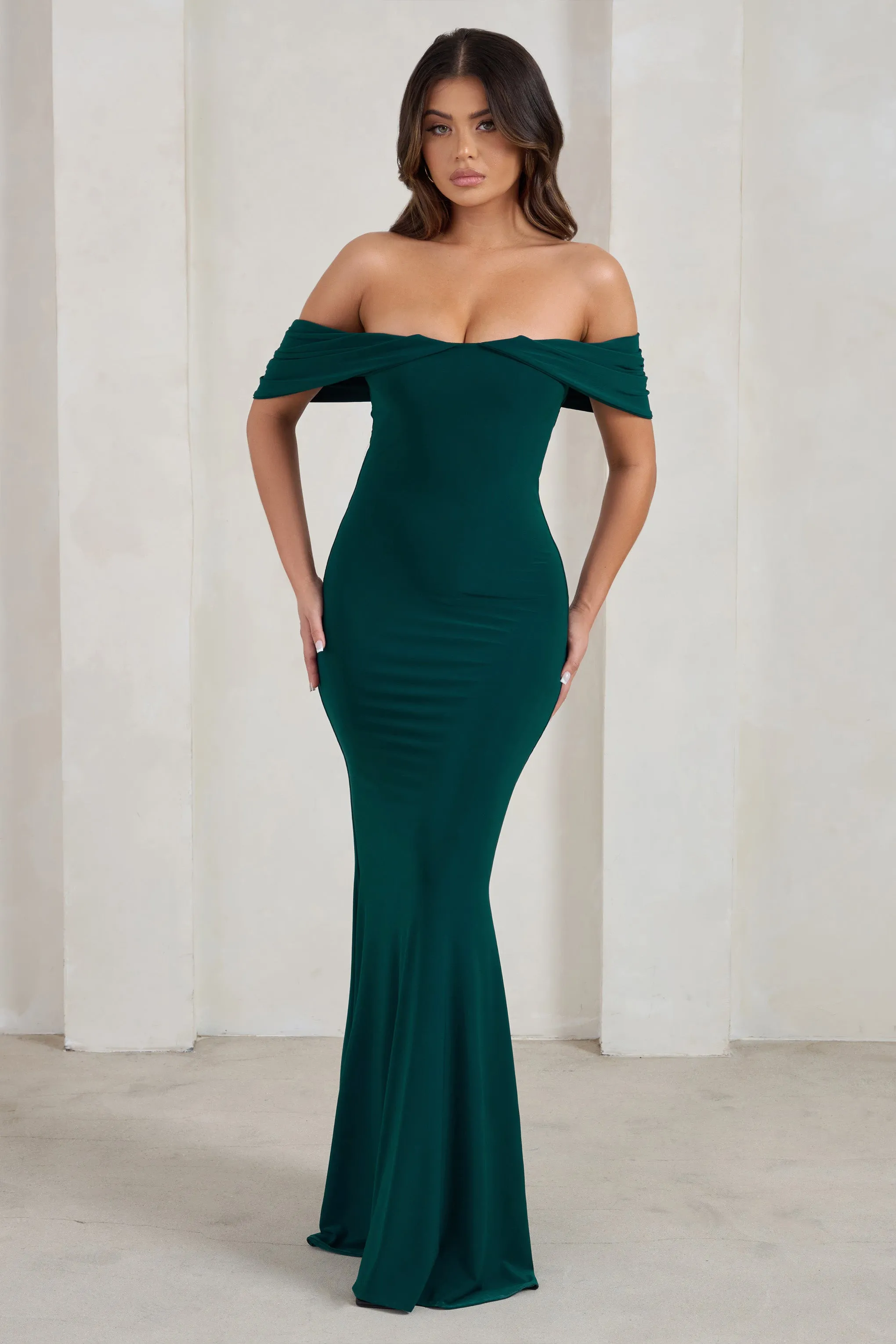 Gabrielle | Green Bardot Neckline With Drape Sleeves Maxi Dress