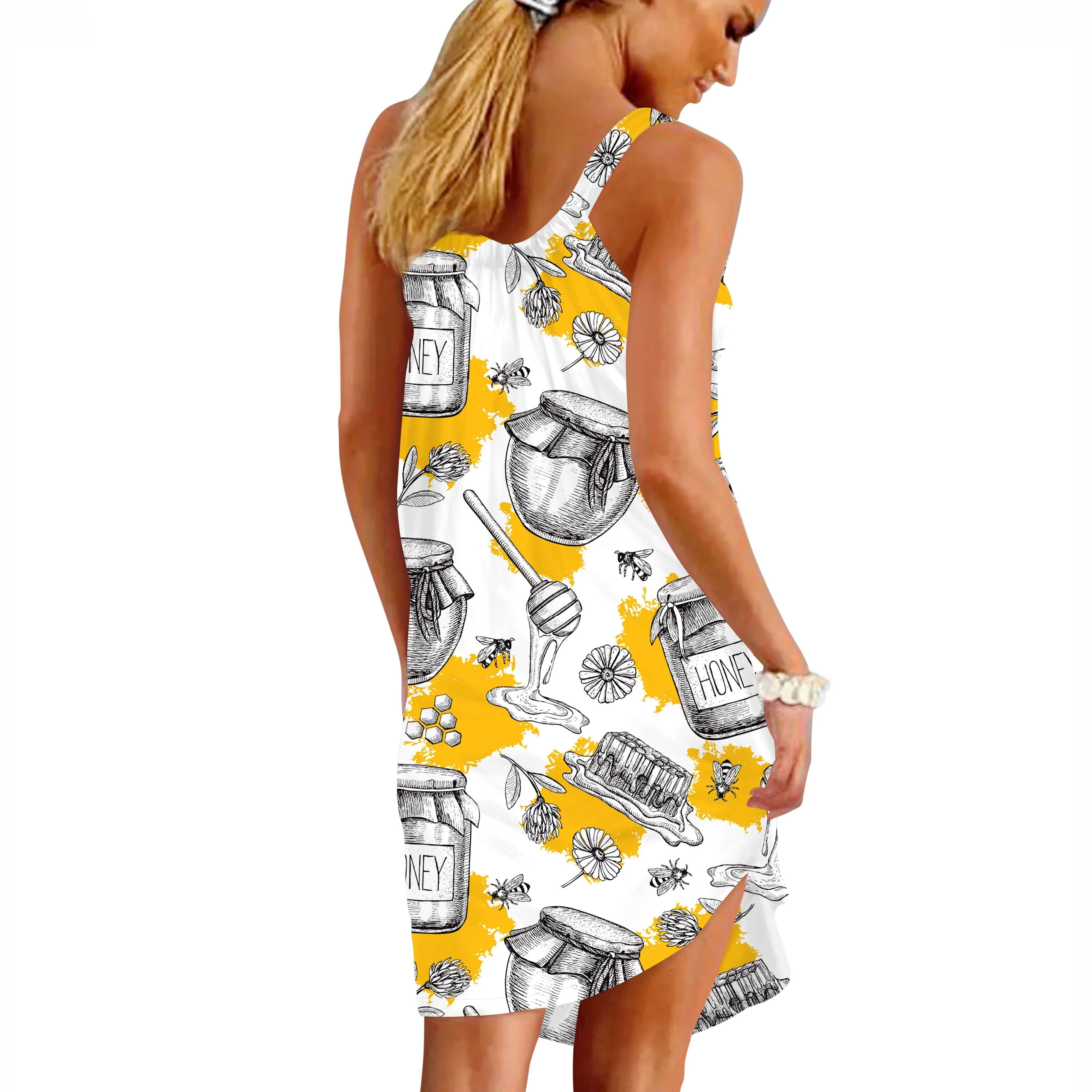 Gearhuman 3D Bee And Honey Custom Sleeveless Beach Dress