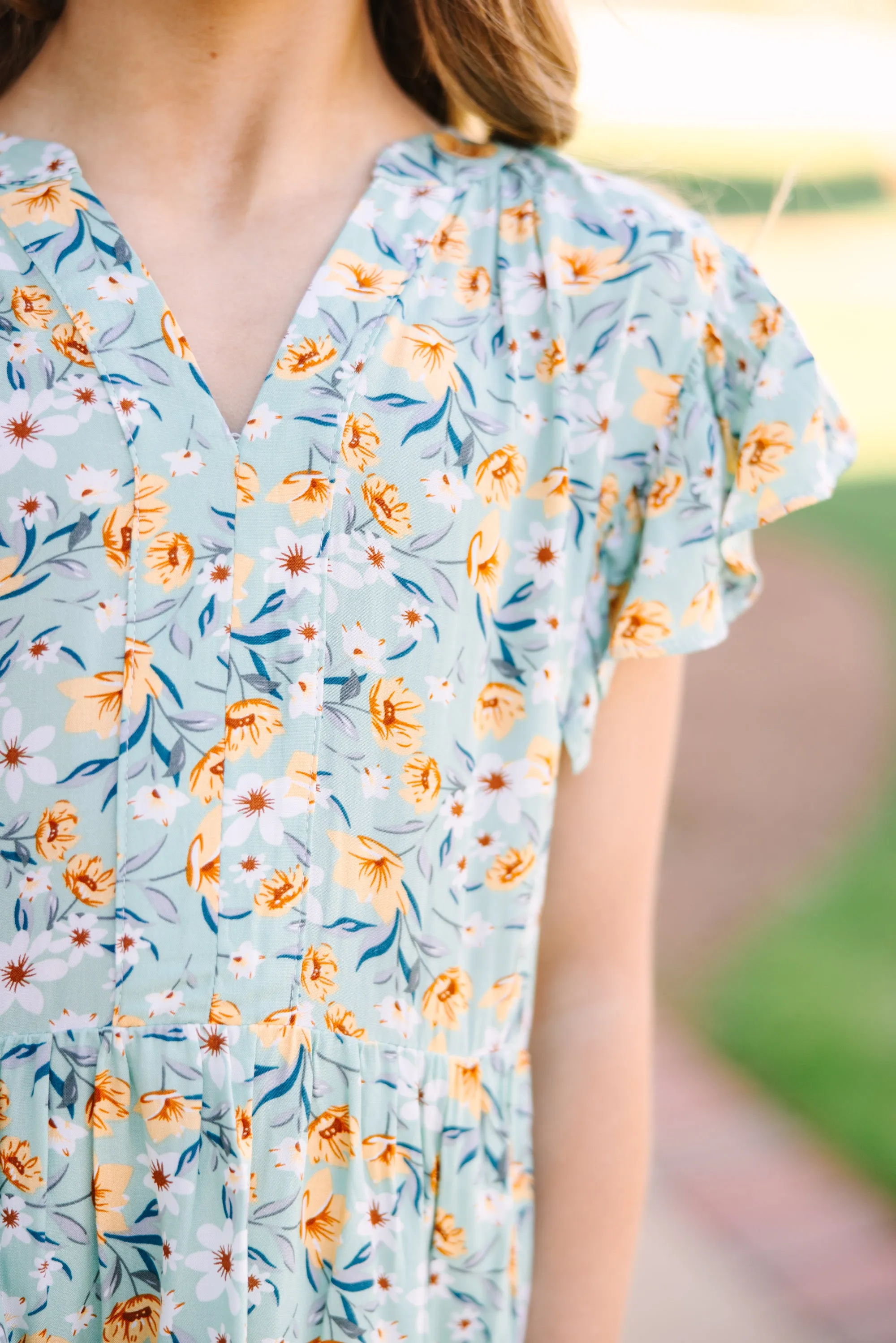 Girls: At This Time Sage Green Ditsy Floral Dress