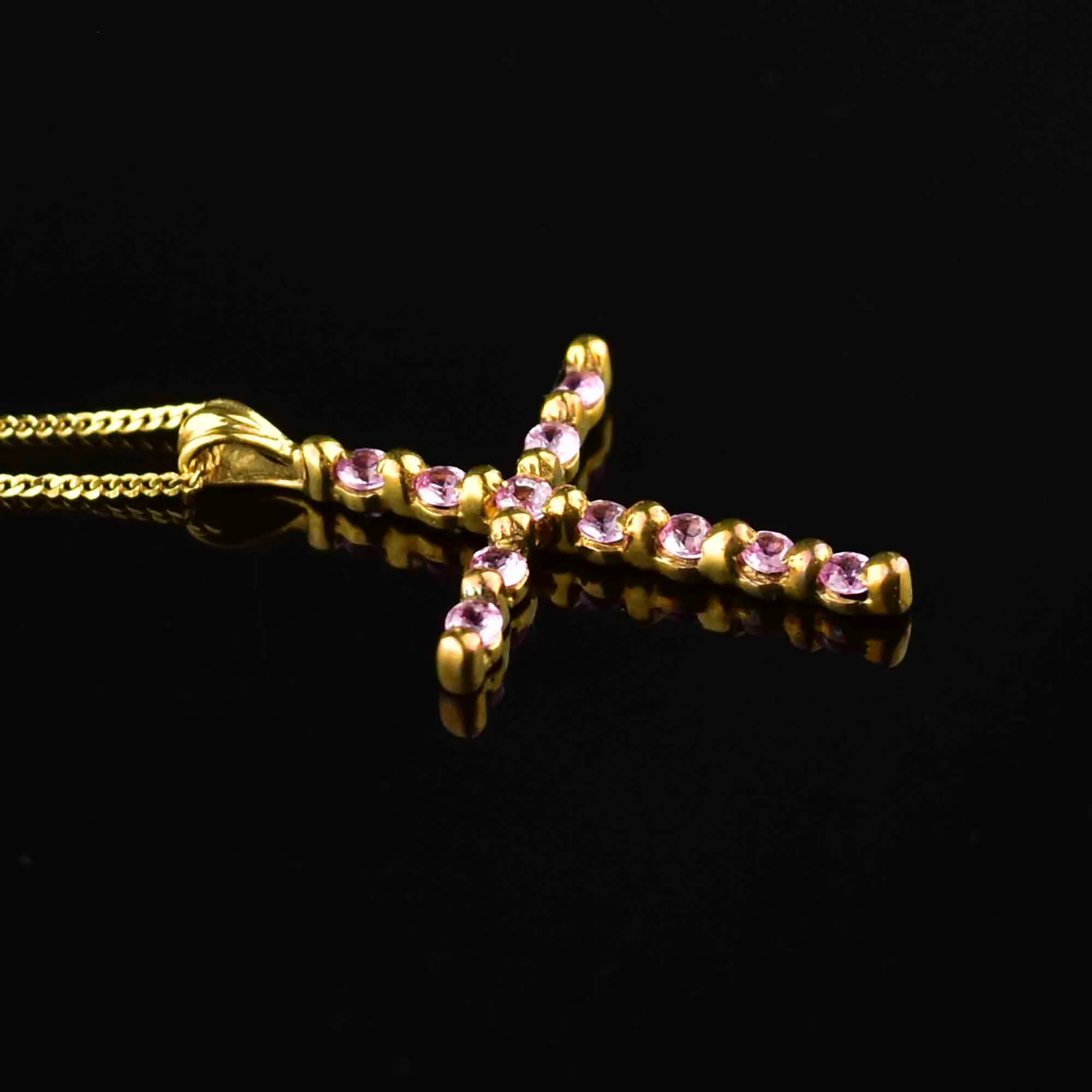 Gold Pink Sapphire Cross Pendant Necklace