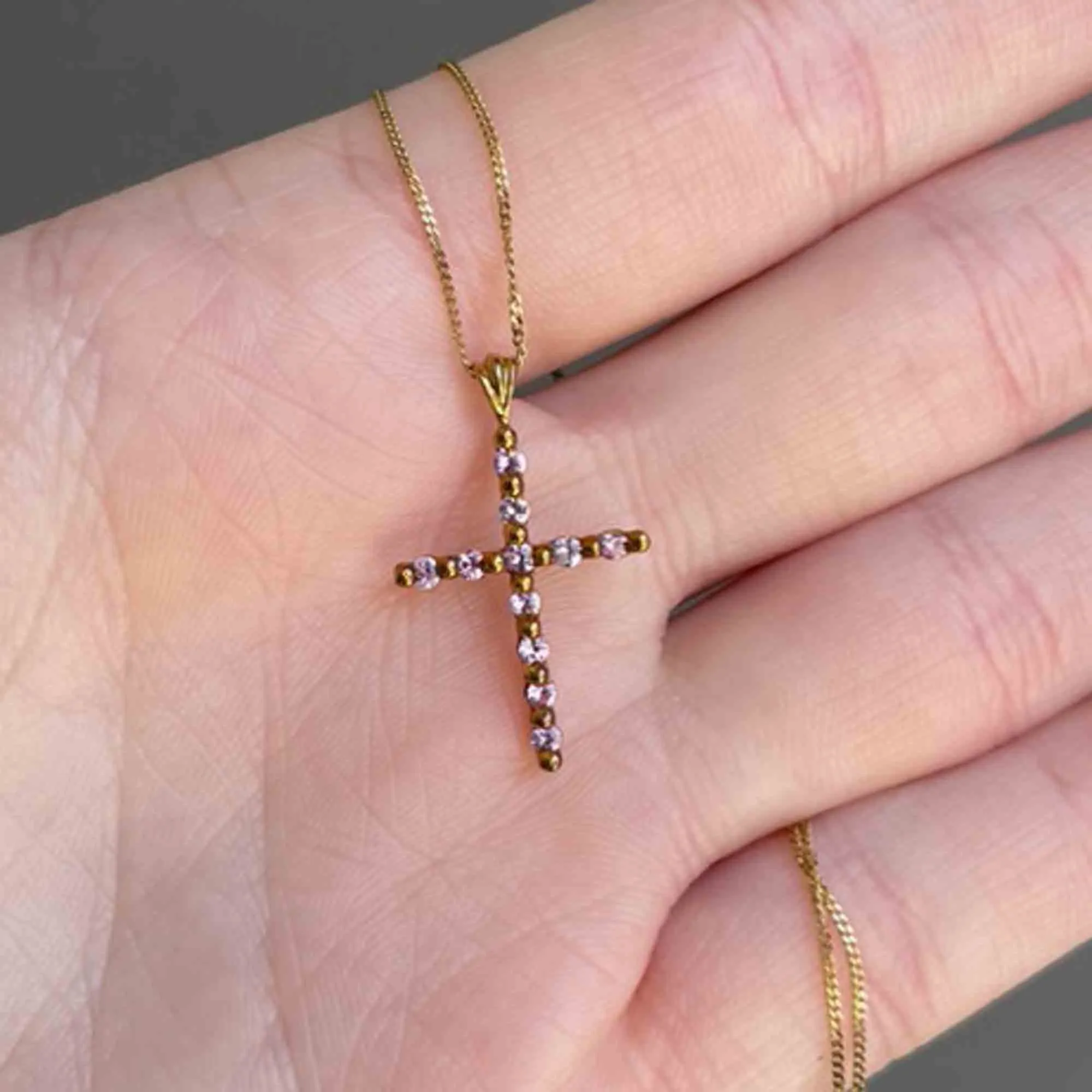 Gold Pink Sapphire Cross Pendant Necklace