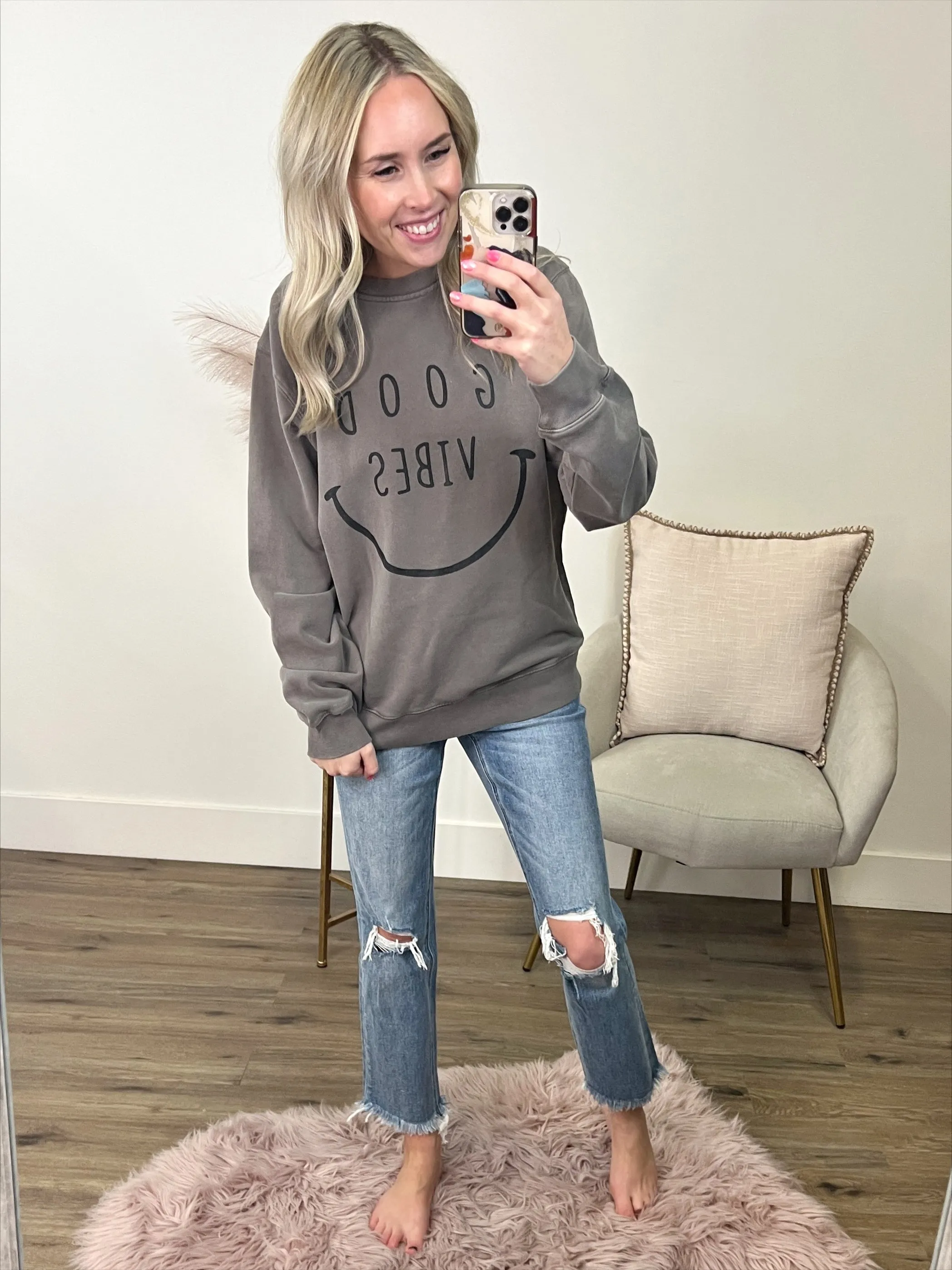 Good Vibes Smile Mocha Sweatshirt