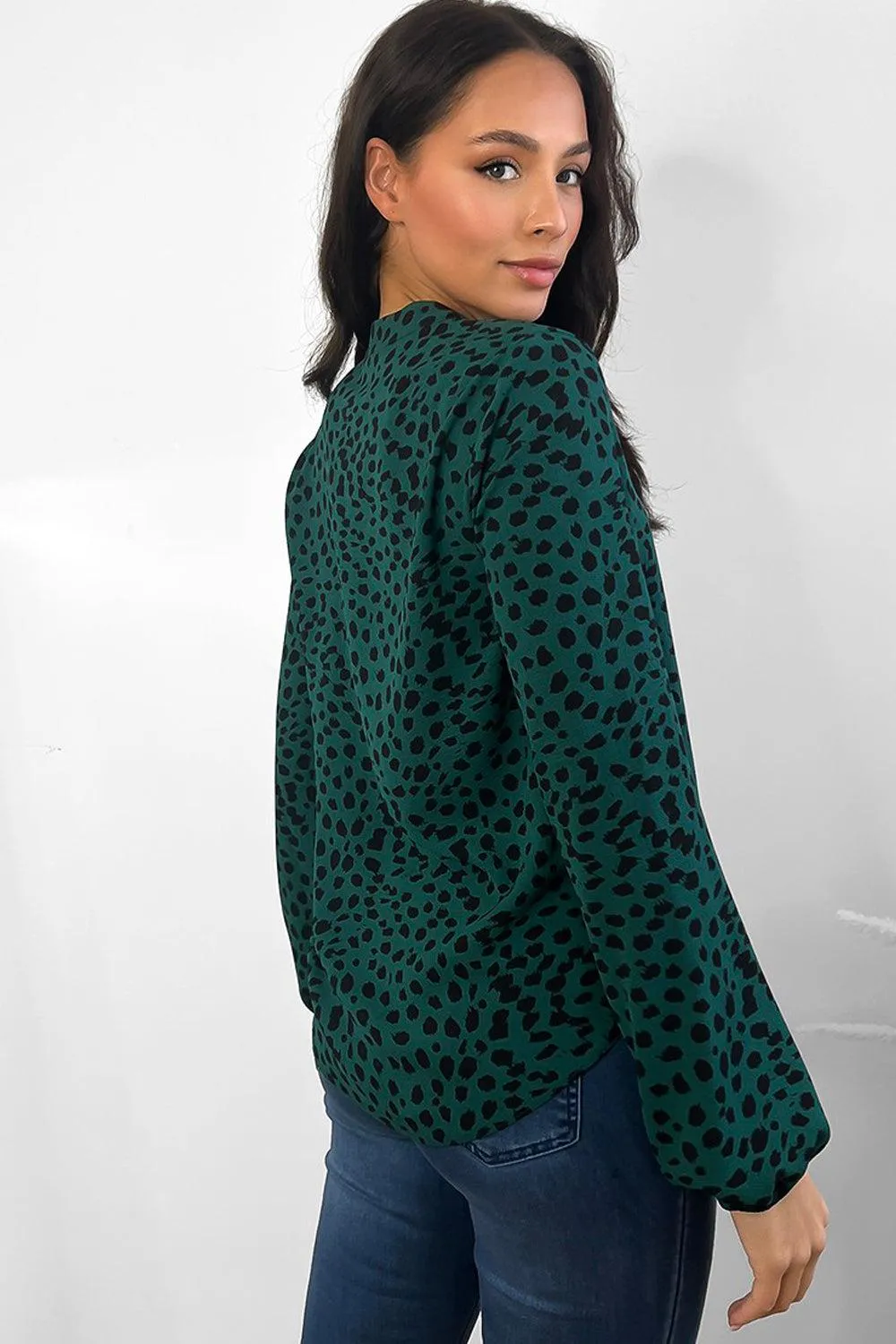 Green Black Leopard Print Frilled Neckline Blouse