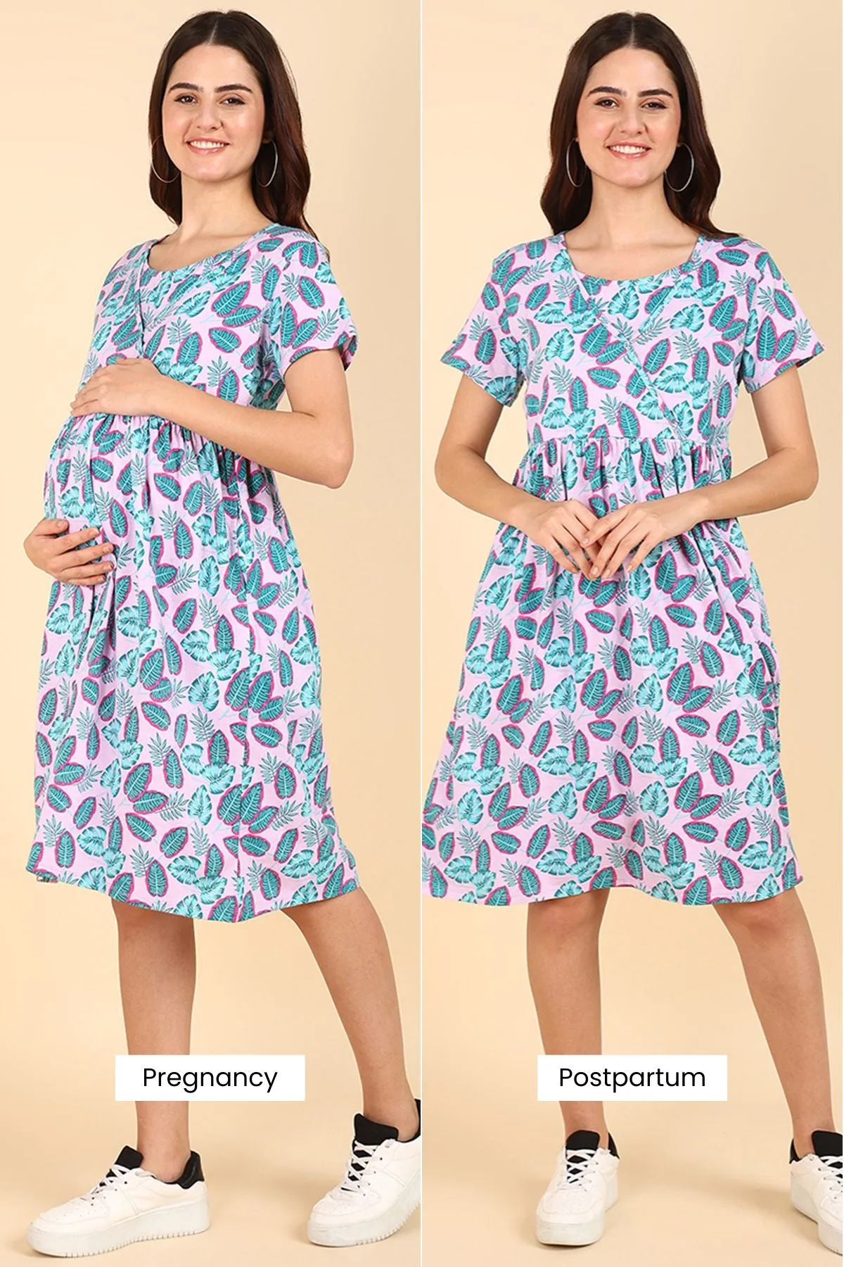 Green Leaf Printed 100% Soft Cotton Zipless Maternity Feeding Dress