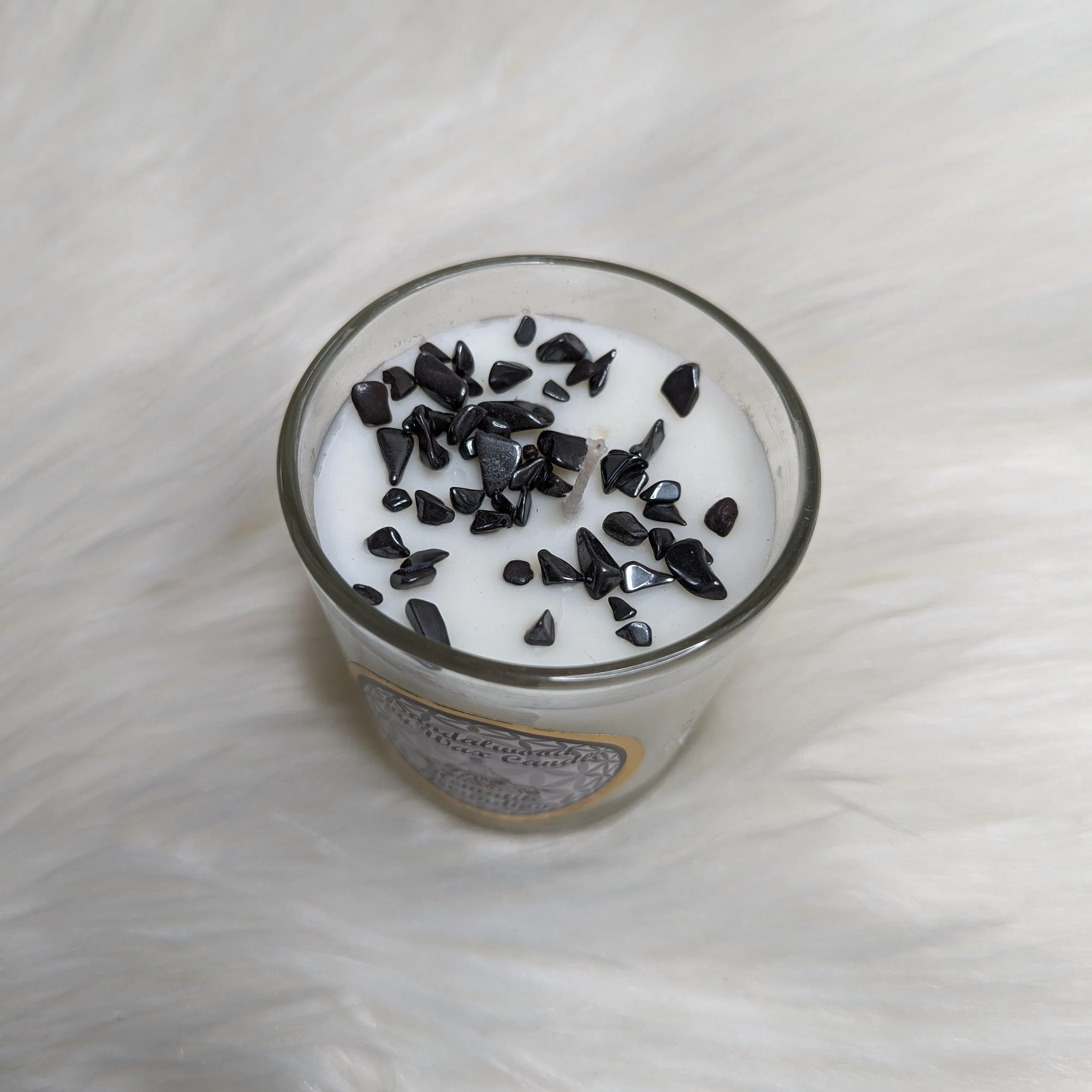 Grounding or Protective Soy Candle Infused with Black Tourmaline and Vetiver, Hematite and Sandalwood