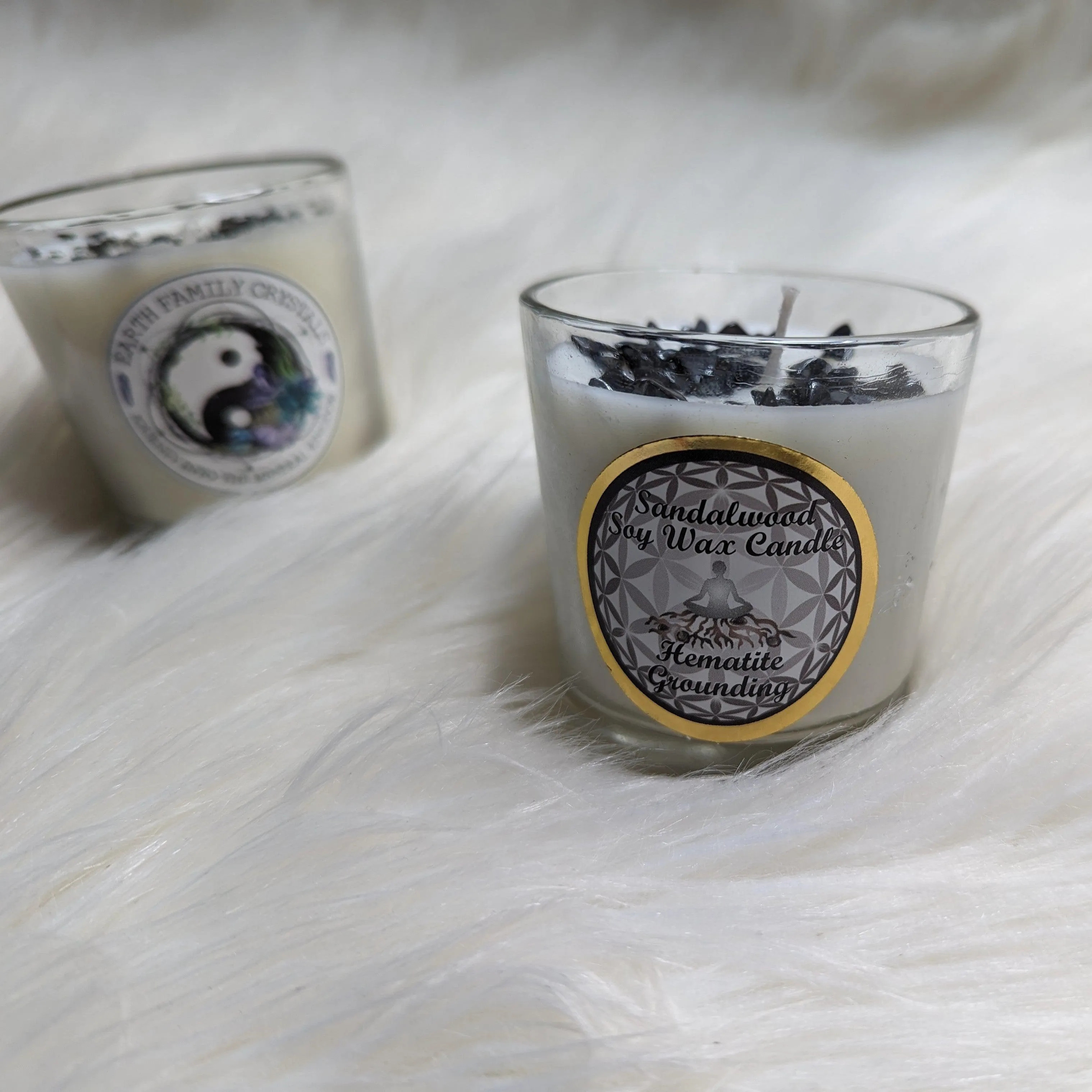 Grounding or Protective Soy Candle Infused with Black Tourmaline and Vetiver, Hematite and Sandalwood