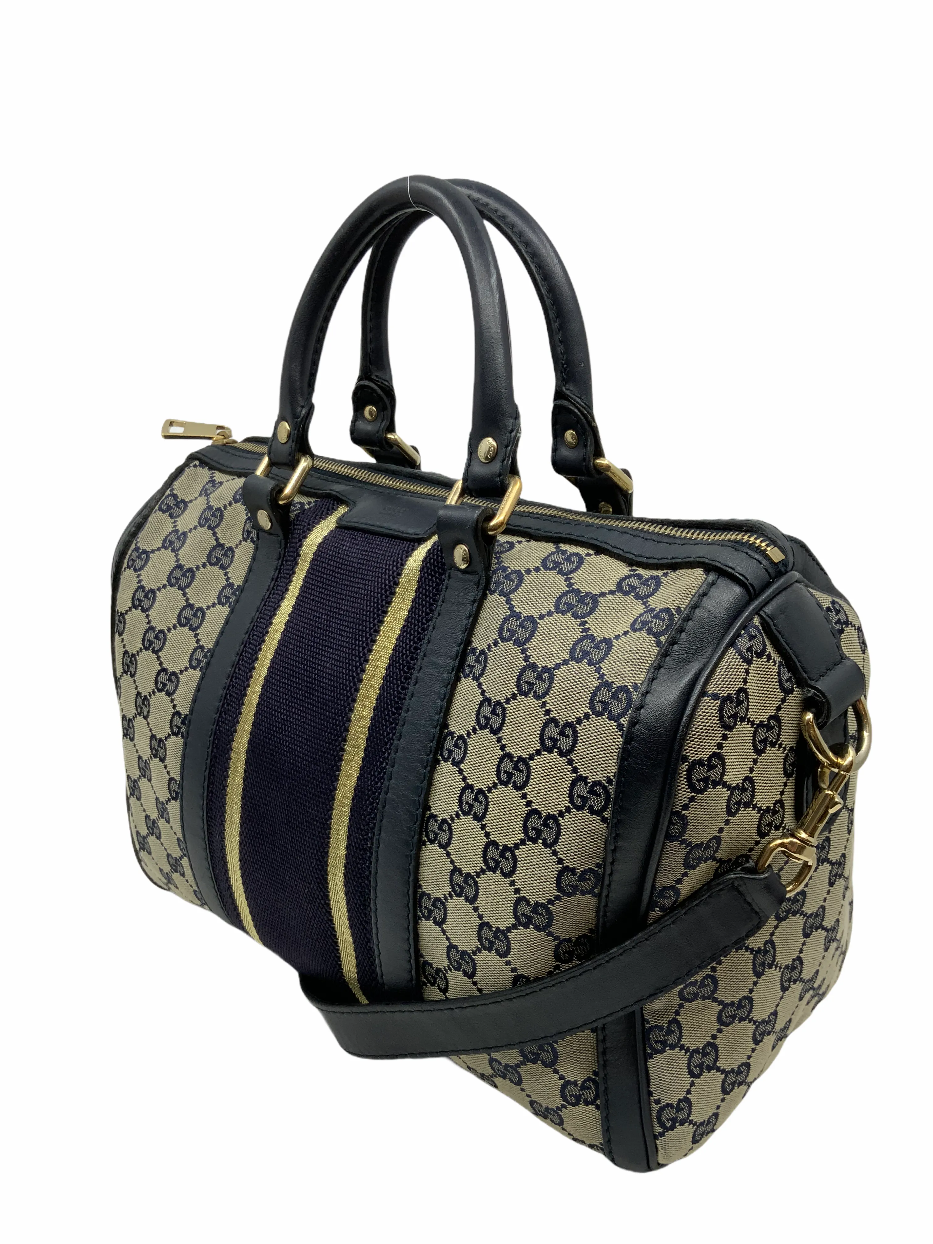 Gucci Monogram Canvas Web Boston Bag with Shoulder Strap