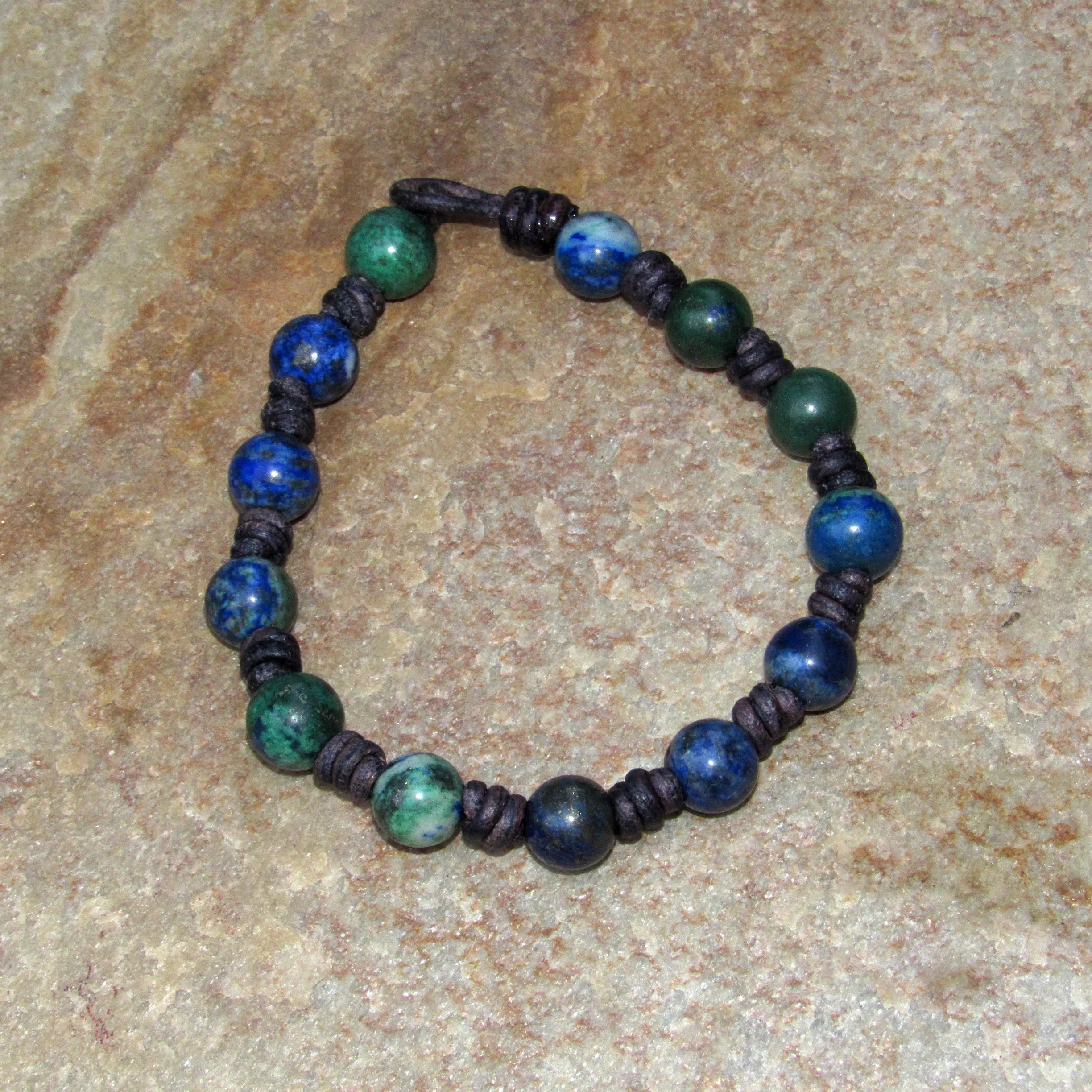 Hand knotted Lapis Lazuli gemstone and Chrysocolla Leather Bracelet