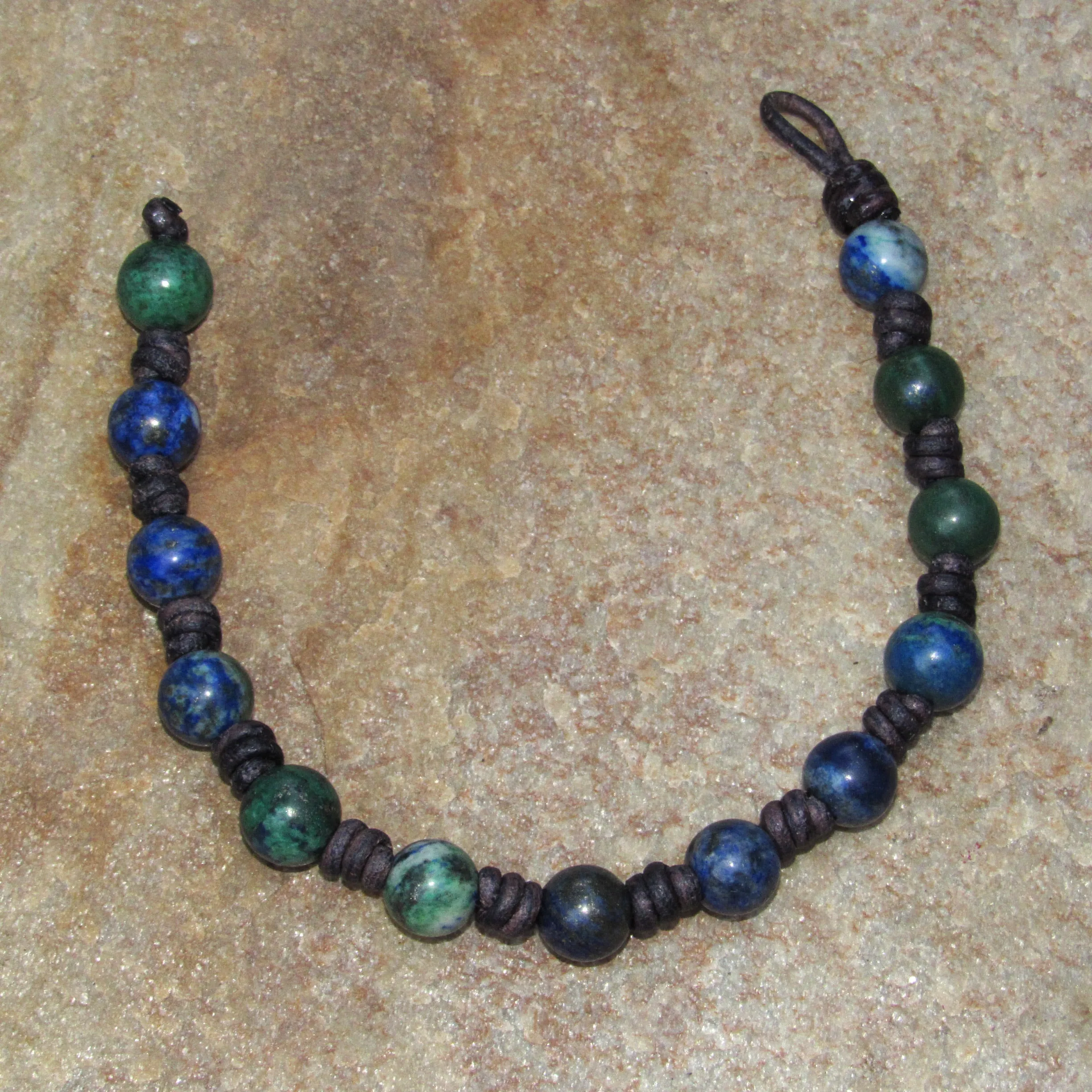 Hand knotted Lapis Lazuli gemstone and Chrysocolla Leather Bracelet