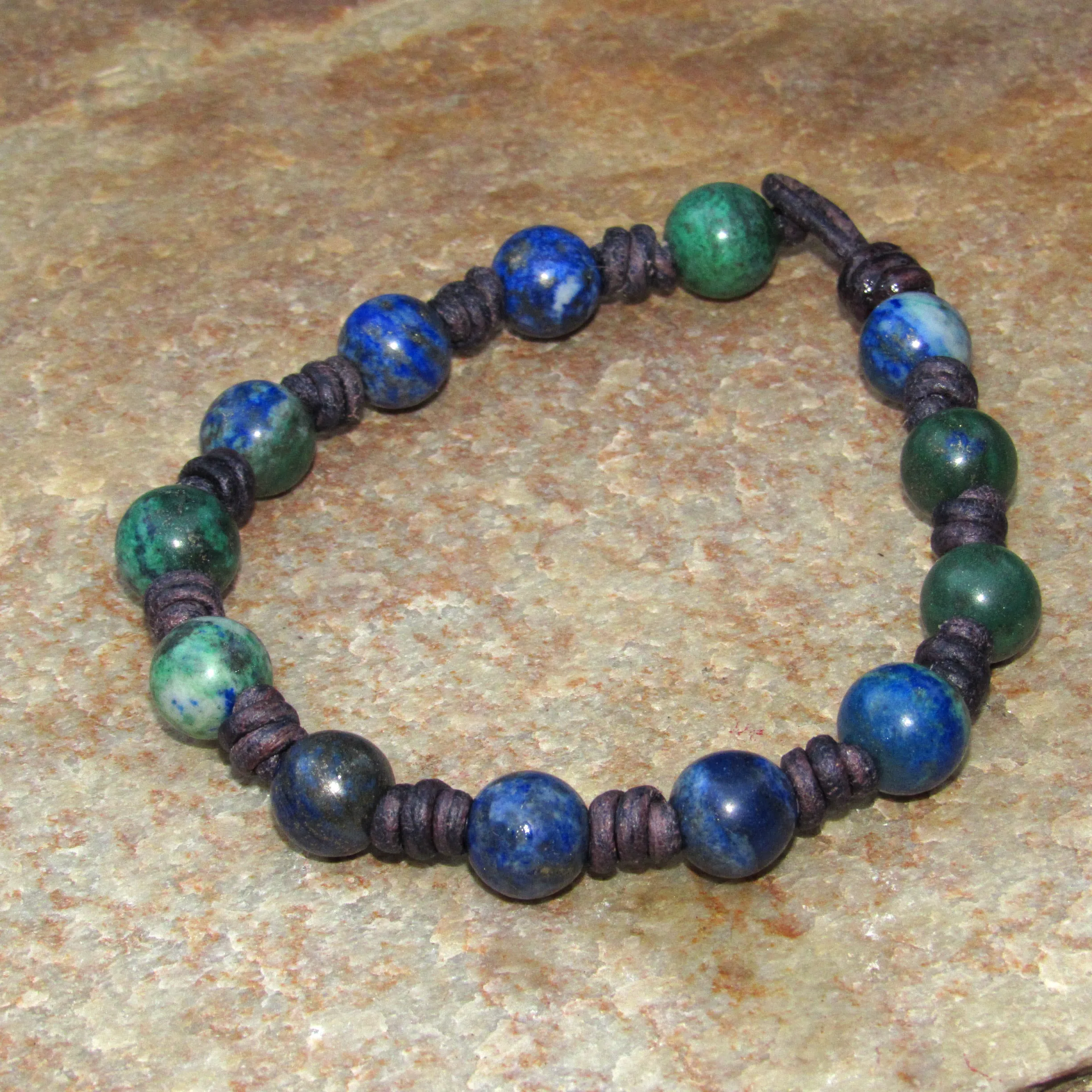 Hand knotted Lapis Lazuli gemstone and Chrysocolla Leather Bracelet