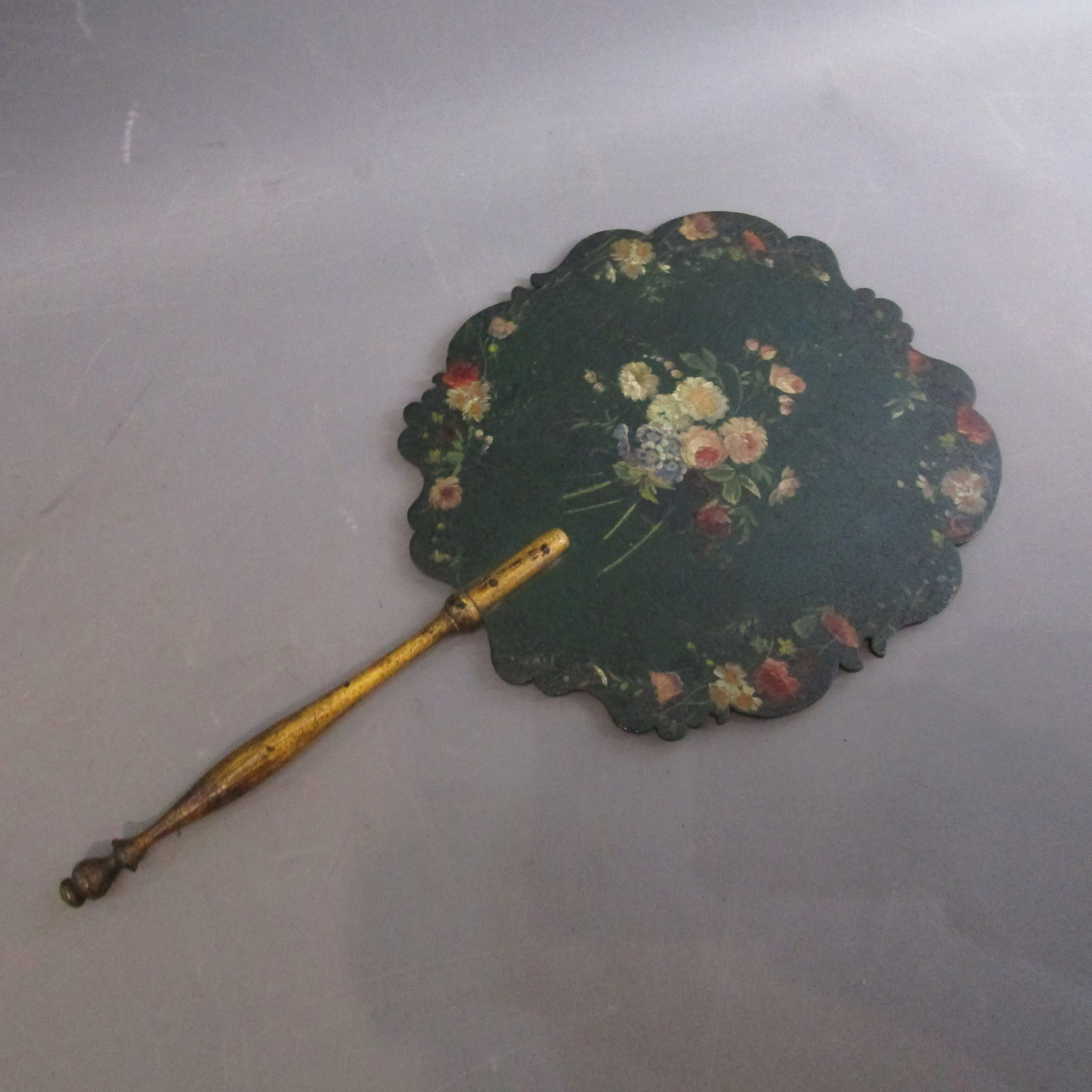 Hand Painted Floral Bouquets on Green Ground Ornately Shaped Fixed Fan Antique Victorian c1870